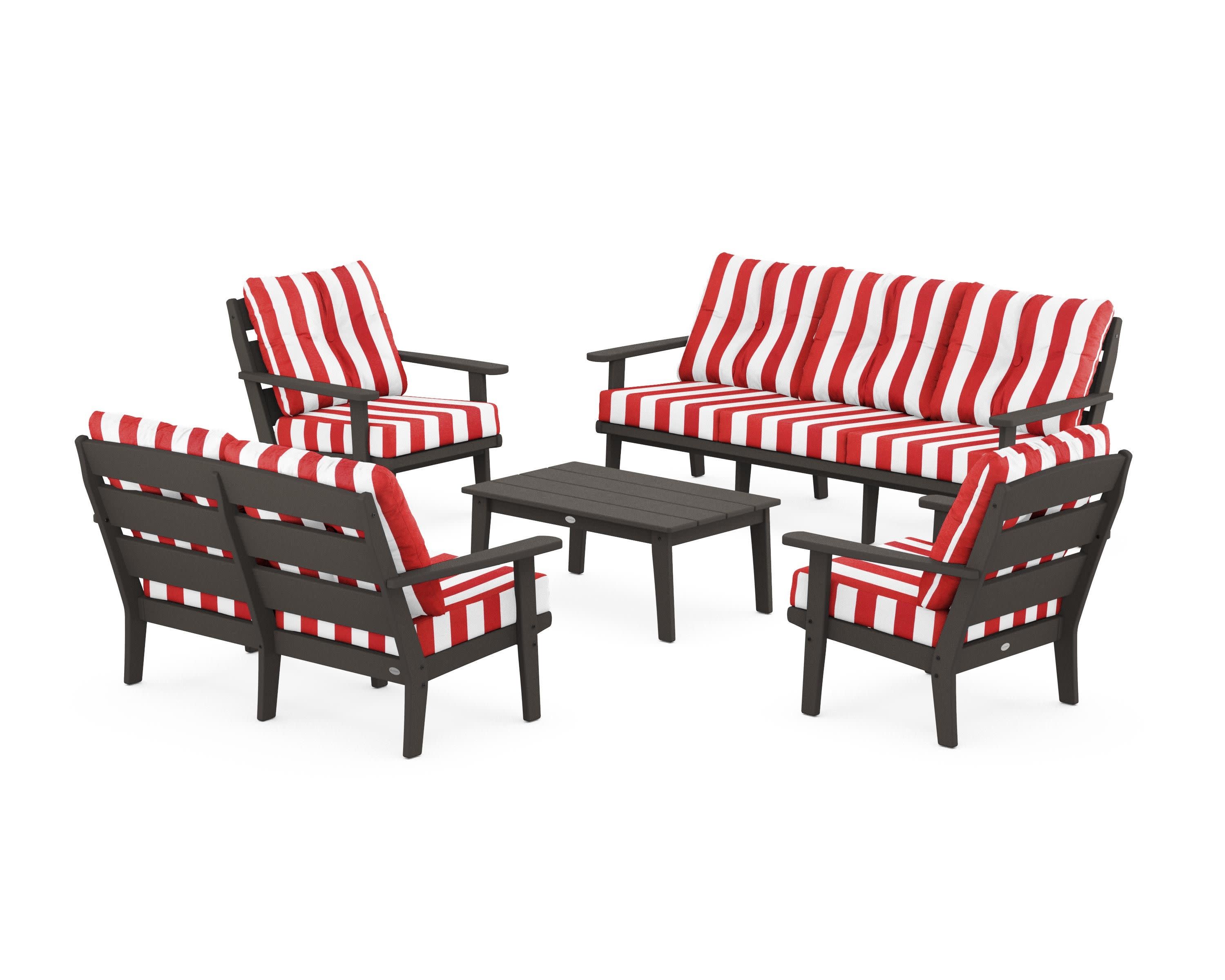 Lakeside 5-Piece Lounge Sofa Set in Vintage Coffee / Cabana Stripe Crimson