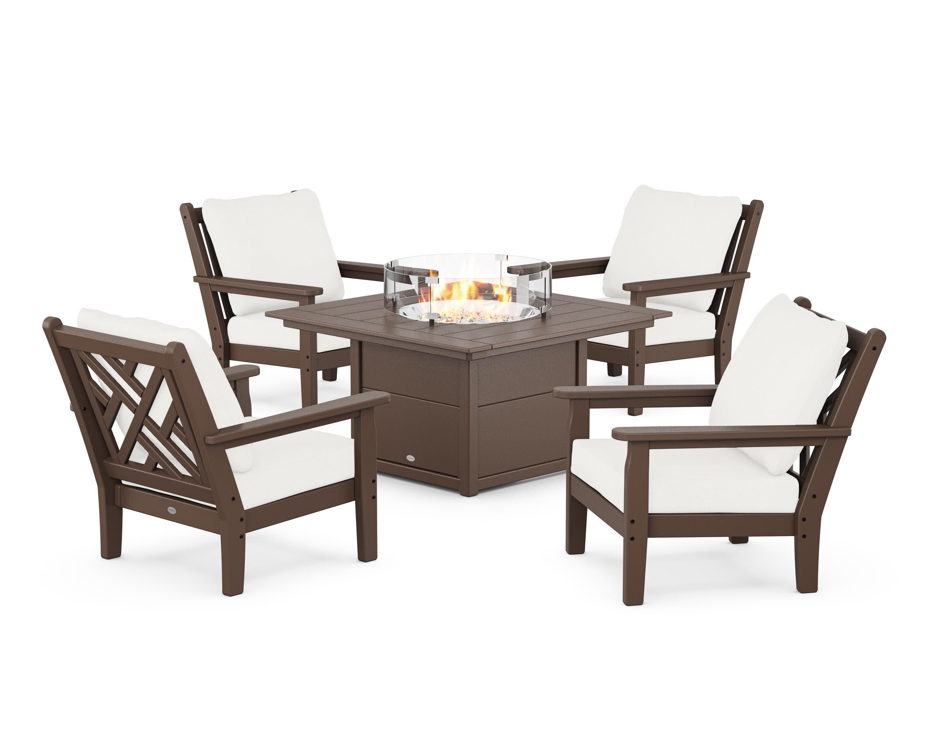 Chippendale 5-Piece Deep Seating Set with Fire Pit Table in Mahogany / Natural Linen