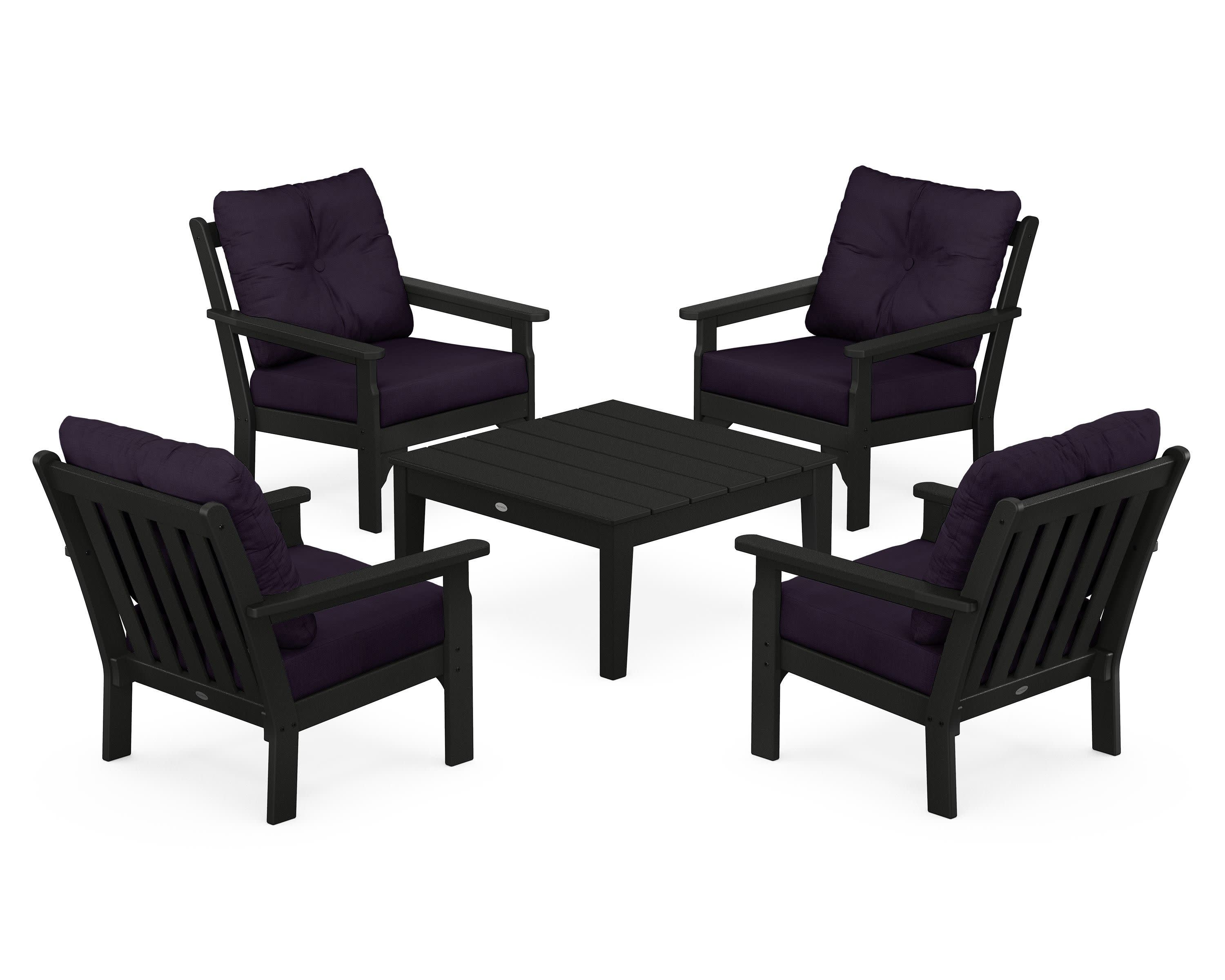 Vineyard 5-Piece Deep Seating Conversation Set in Black / Navy Linen