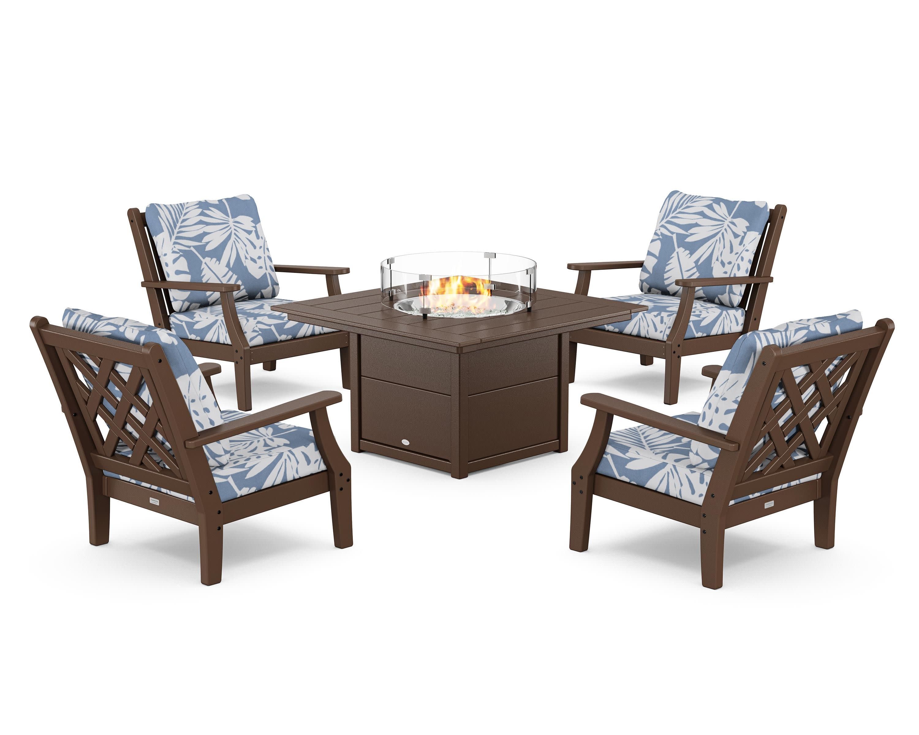Wovendale 5-Piece Deep Seating Set with Fire Pit Table in Mahogany / Leaf Sky Blue