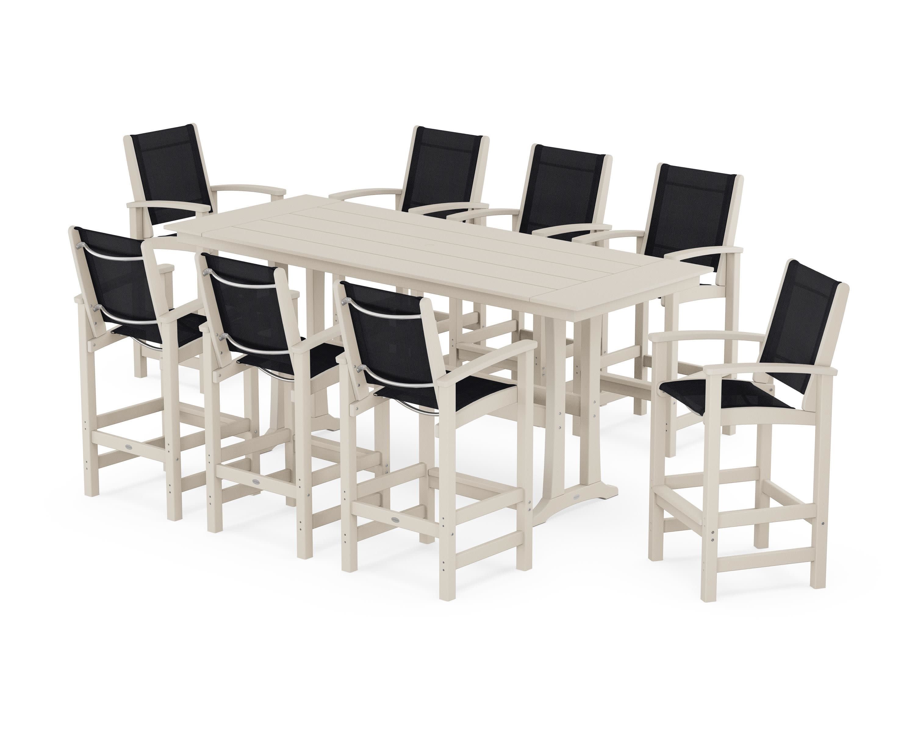 Coastal 9-Piece Farmhouse Bar Set with Trestle Legs in Sand / Black Sling