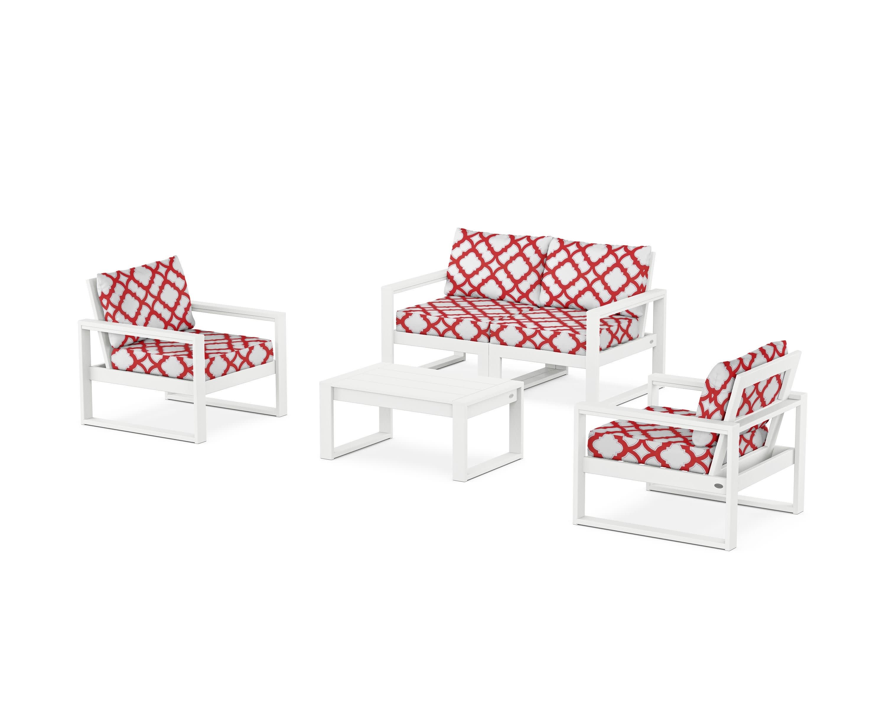 EDGE Sectional 4-Piece Deep Seating Set with Loveseat in White / Trellis Crimson