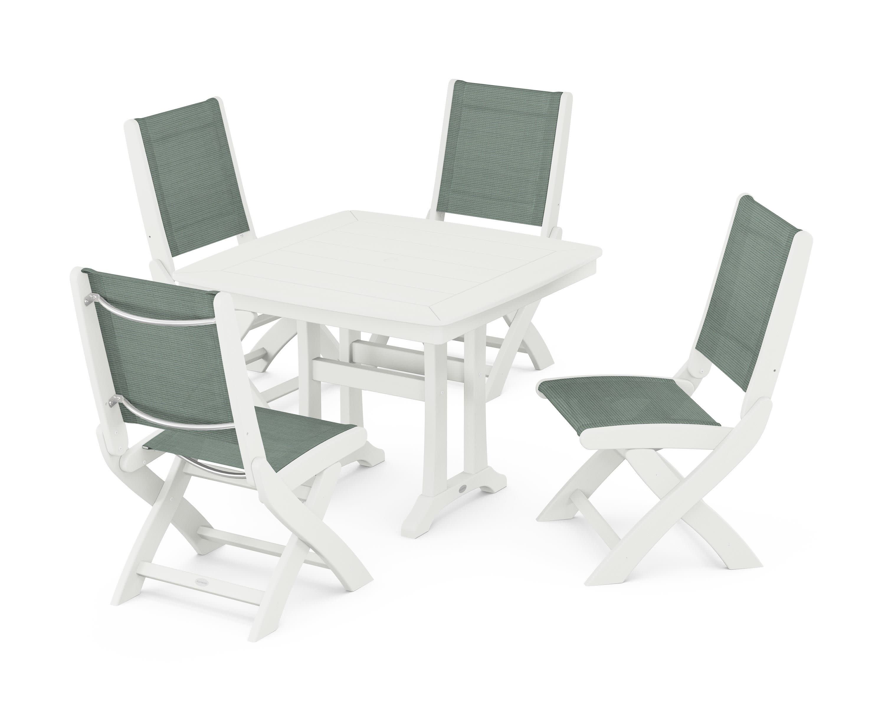 Coastal Folding Side Chair 5-Piece Dining Set with Trestle Legs in Vintage White / Dupioni Sea Mist Sling