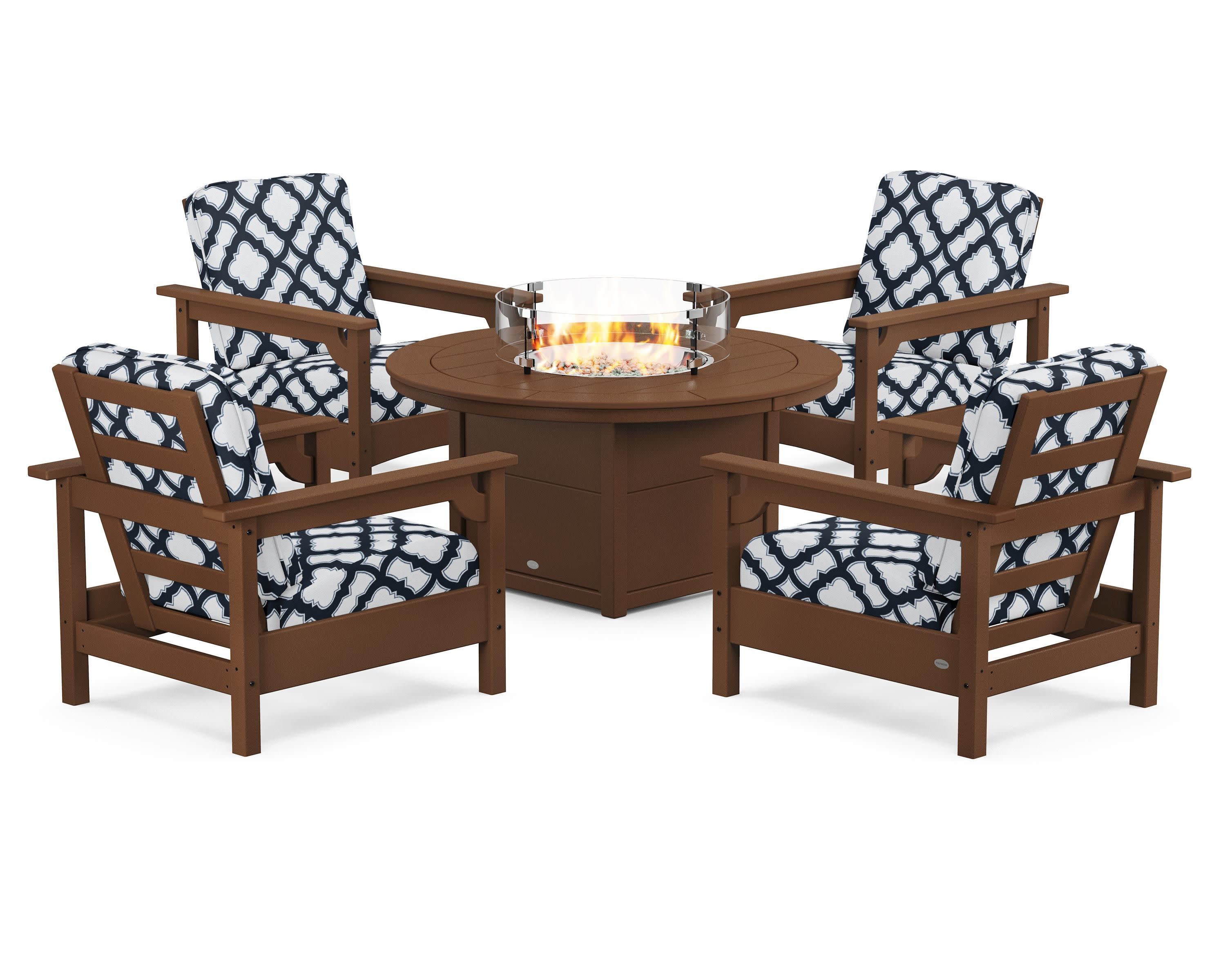 Club 5-Piece Conversation Set with Fire Pit Table in Teak / Trellis Marine Indigo