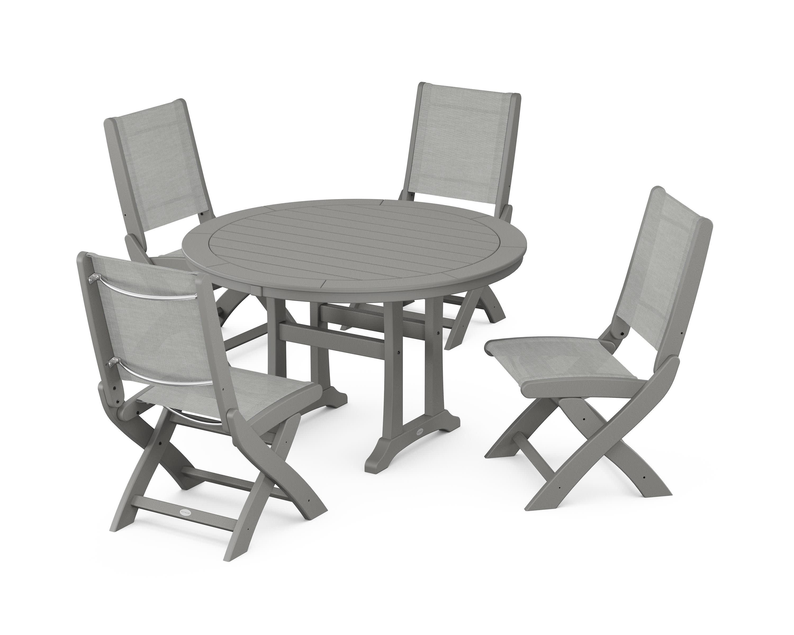 Coastal Folding Side Chair 5-Piece Round Dining Set With Trestle Legs in Slate Grey / Metallic Sling