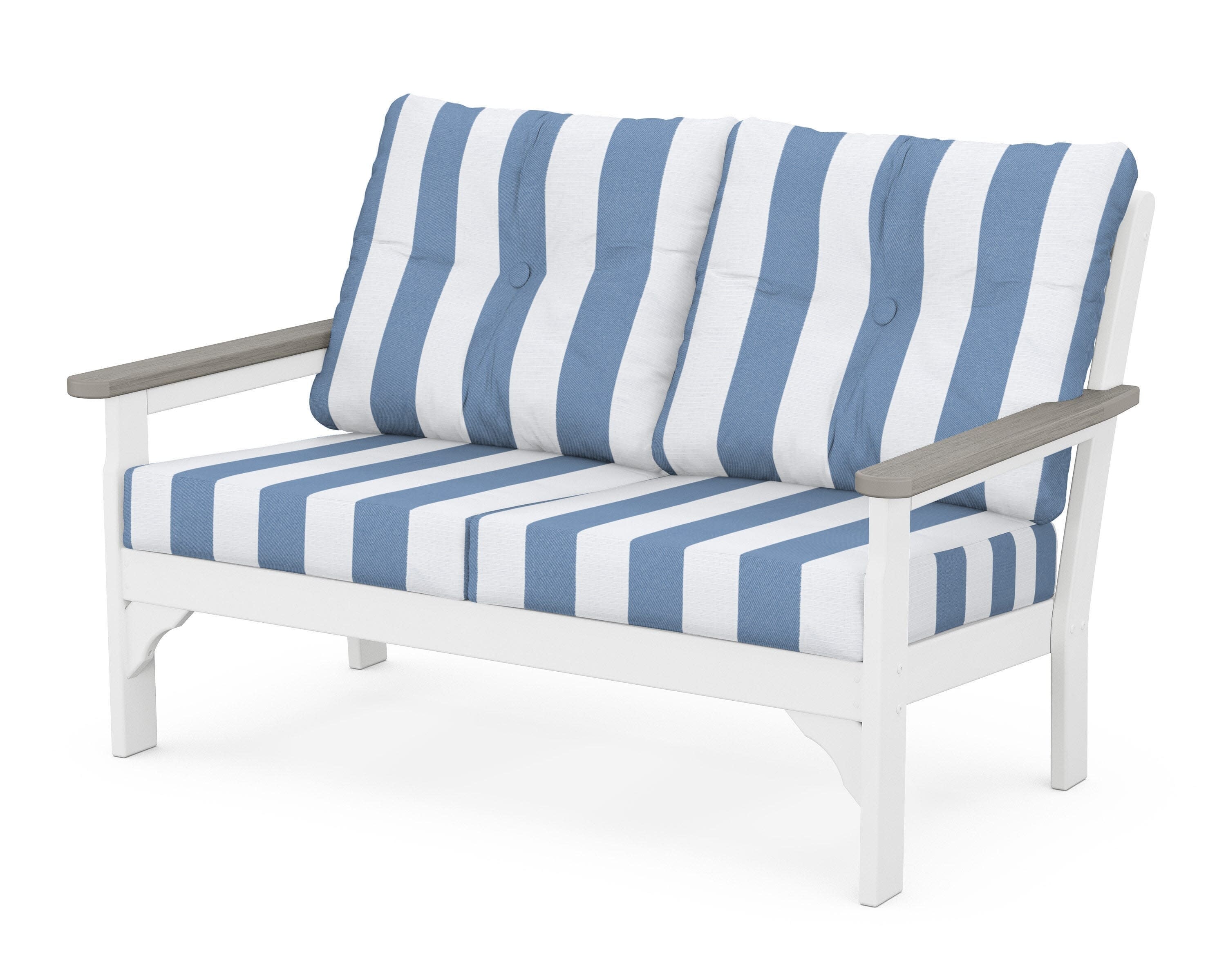 Vineyard Deep Seating Loveseat in White / Driftwood / Cabana Stripe Sky Blue