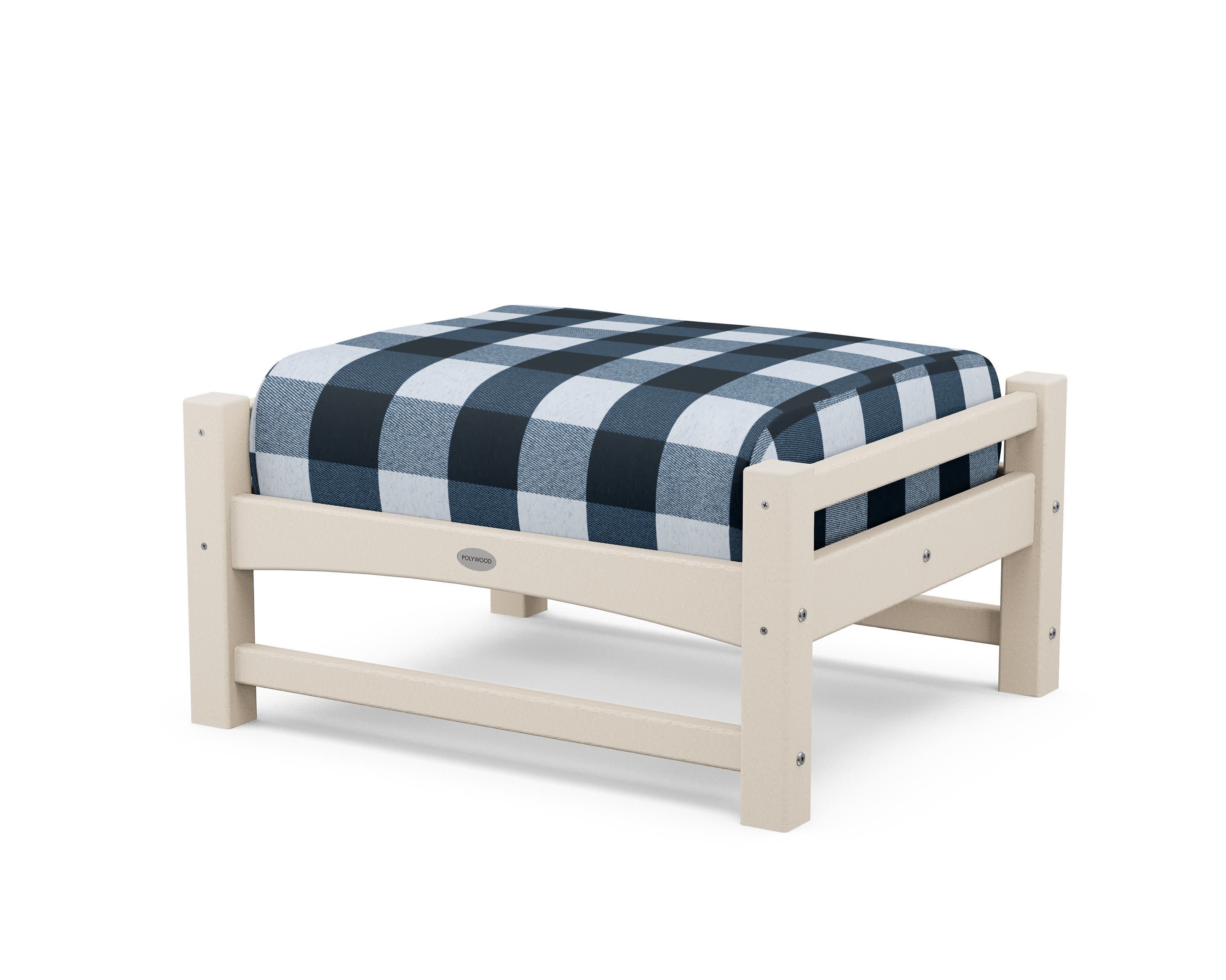 Club Ottoman in Sand / Buffalo Plaid Marine Indigo