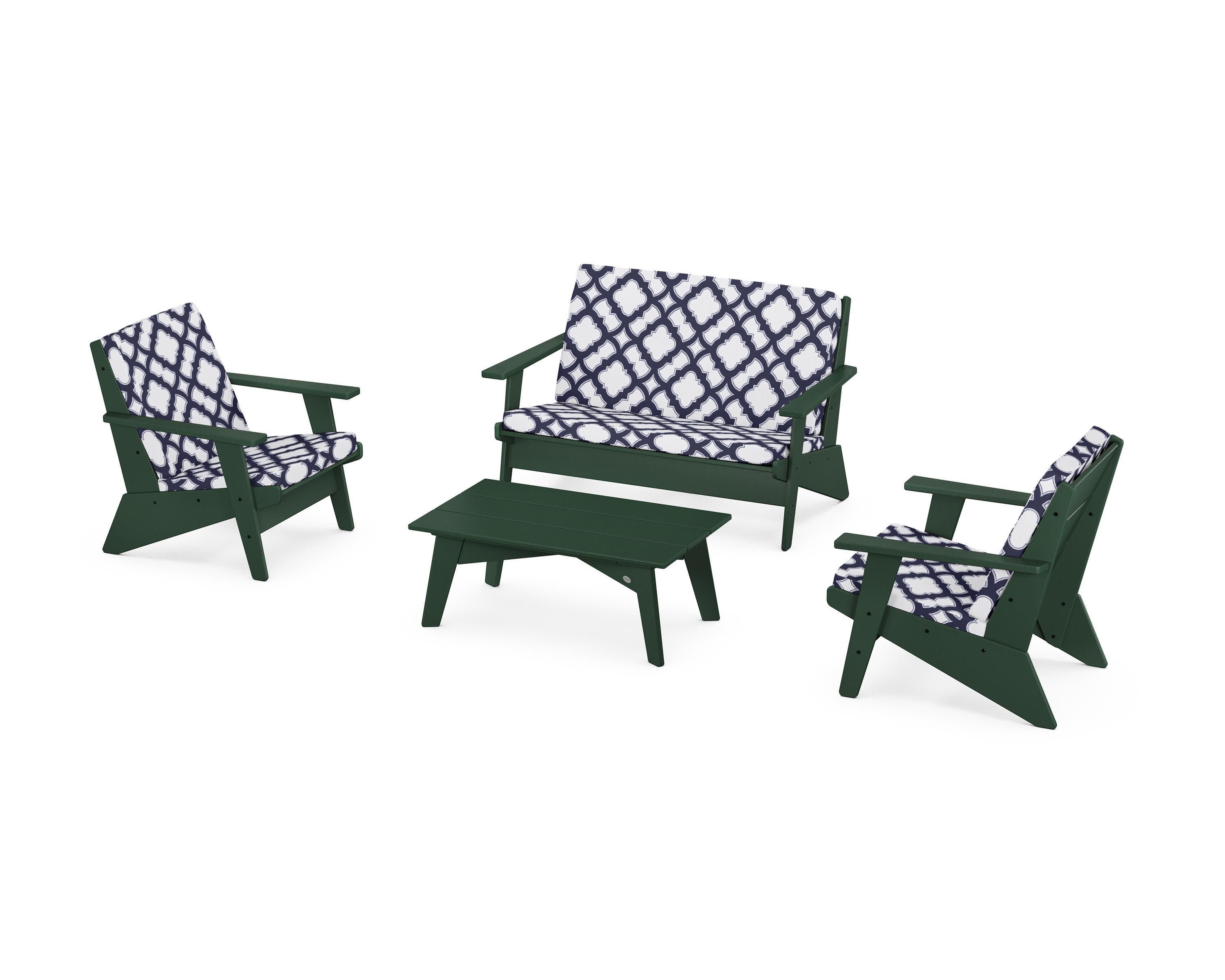 Riviera Modern Lounge 4-Piece Set in Green / Trellis Navy