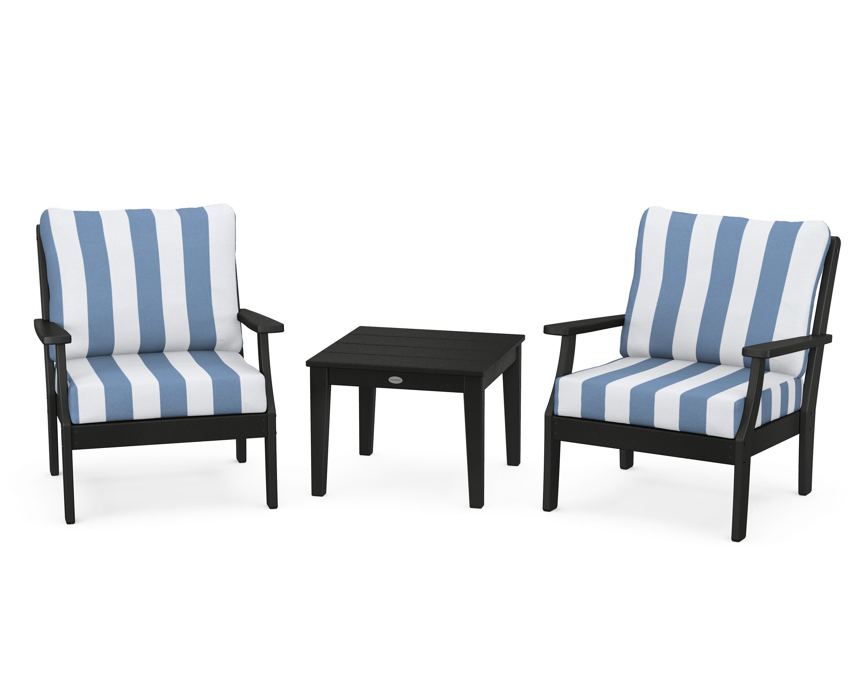 Braxton 3-Piece Deep Seating Set in Black / Cabana Stripe Sky Blue
