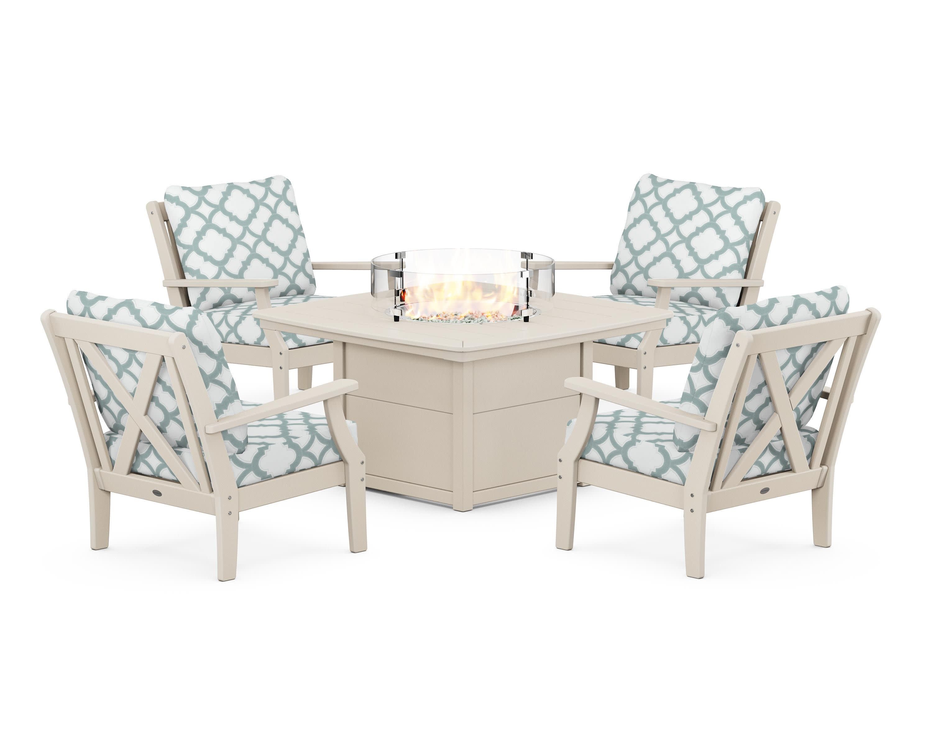 Braxton 5-Piece Deep Seating Conversation Set with Fire Pit Table in Sand / Trellis Glacier Spa