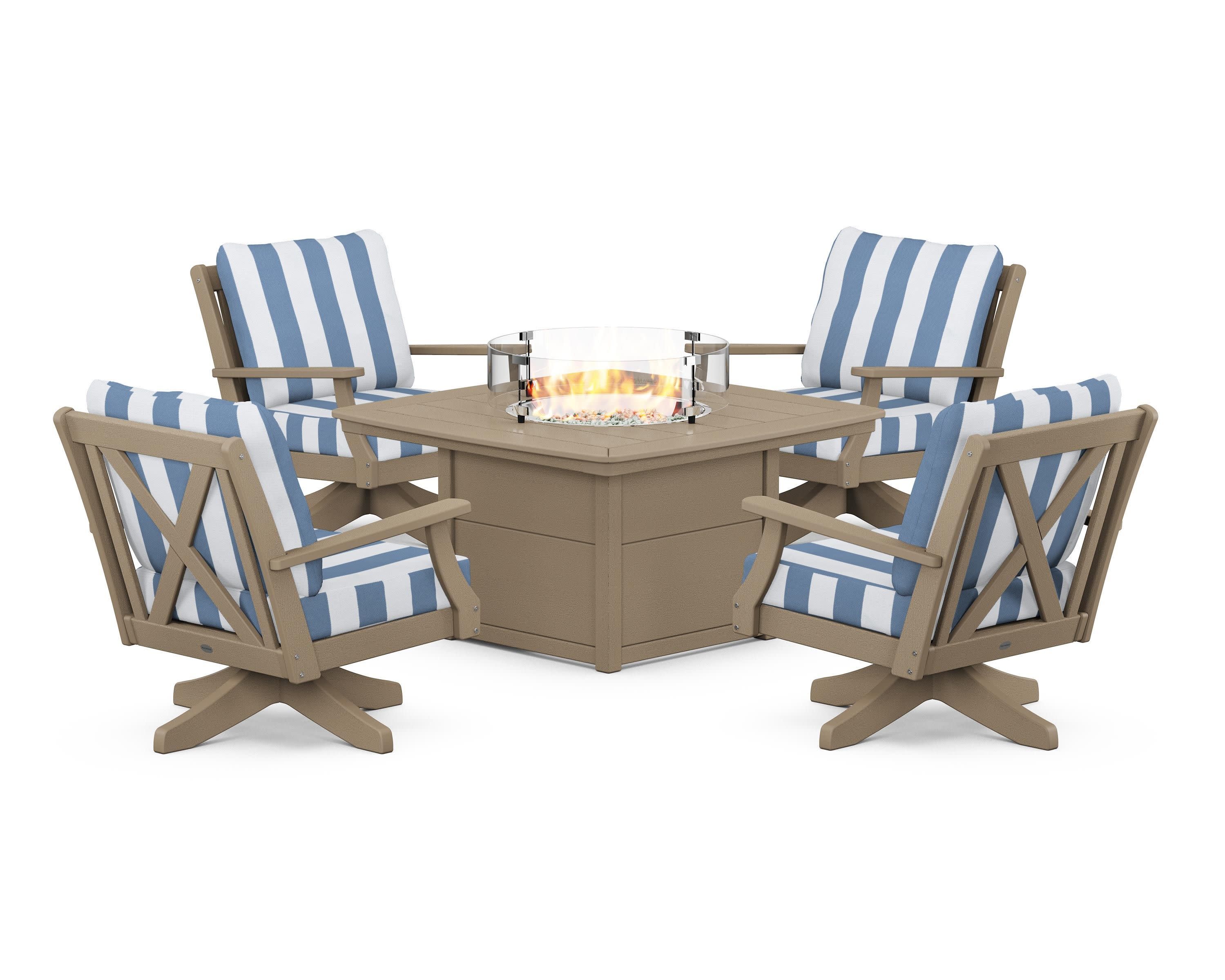 Braxton 5-Piece Deep Seating Swivel Conversation Set with Fire Pit Table in Vintage Sahara / Cabana Stripe Sky Blue