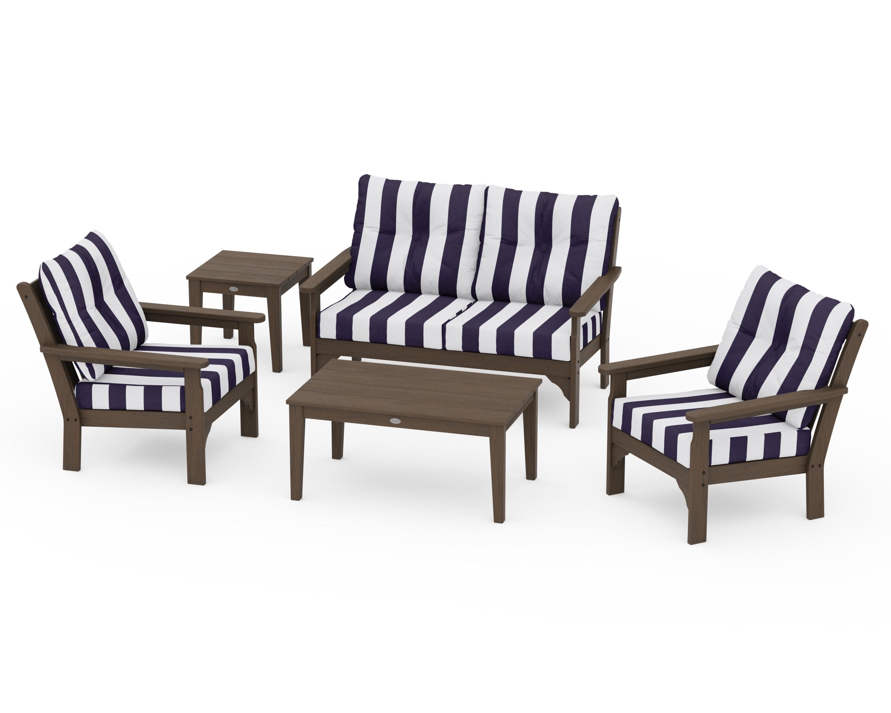 Vineyard 5-Piece Deep Seating Set in Kona / Cabana Stripe Navy