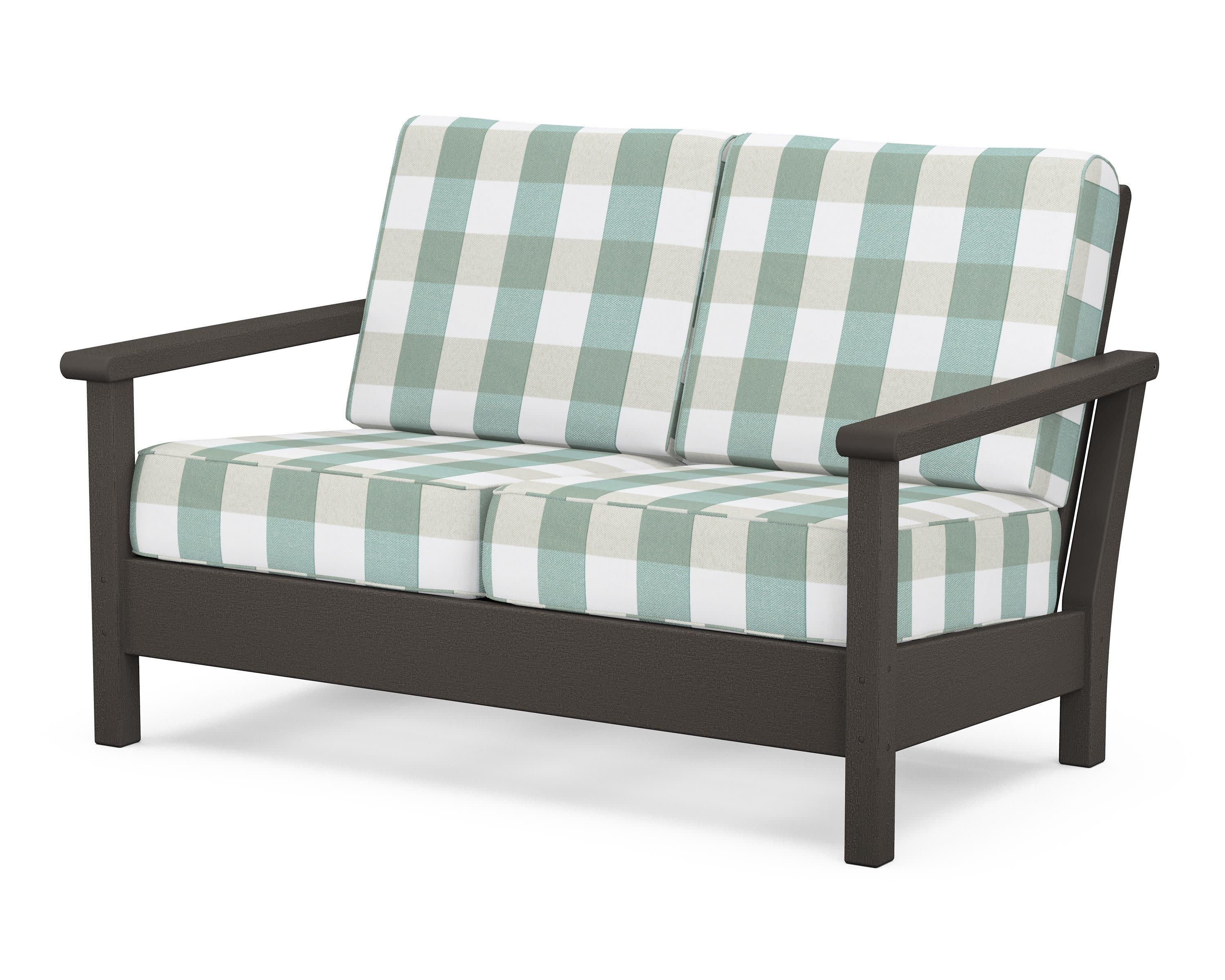 Harbour Deep Seating Loveseat in Vintage Coffee / Buffalo Plaid Glacier Spa