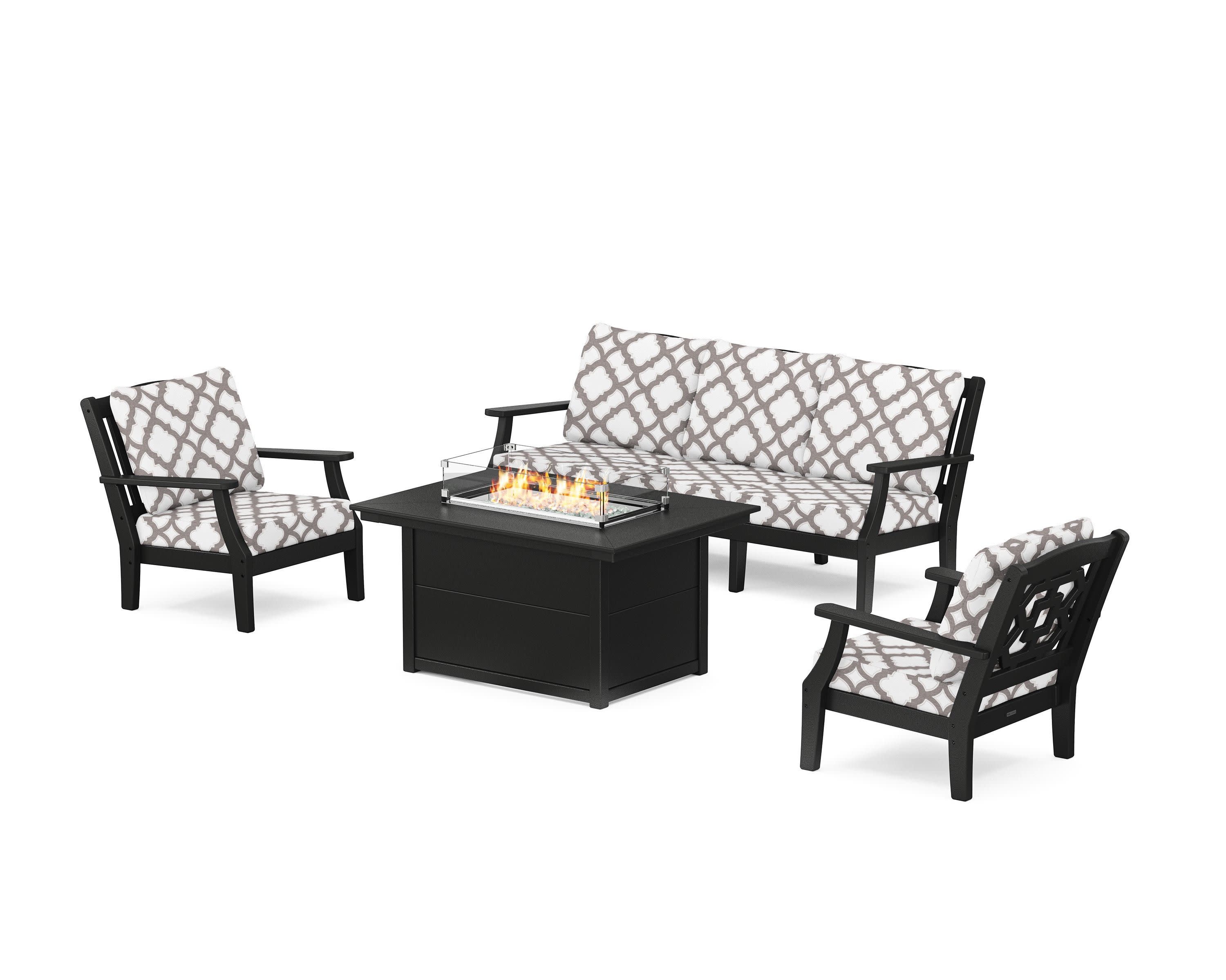 Chinoiserie Deep Seating Fire Pit Table Set in Black / Trellis Grey Mist