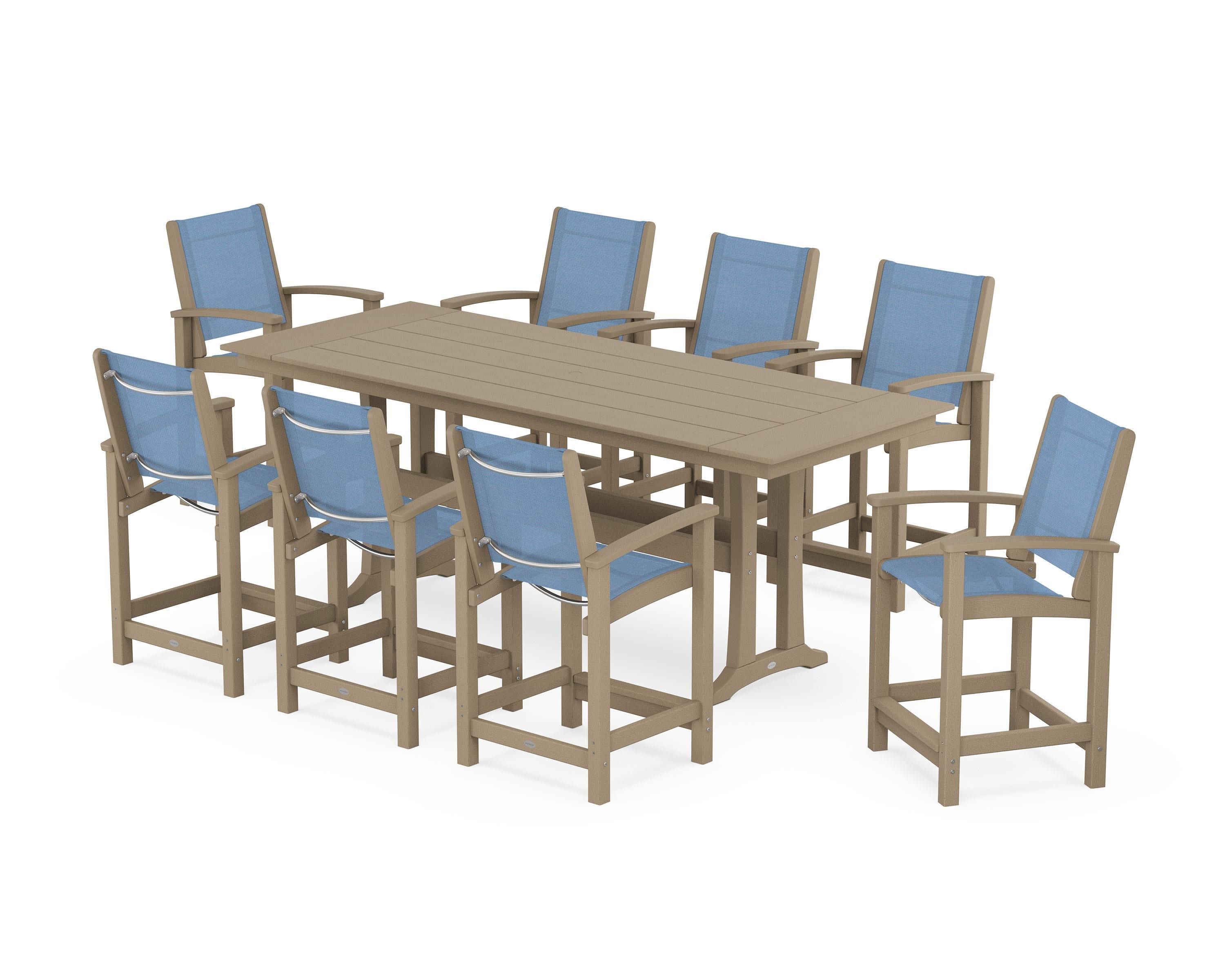 Coastal 9-Piece Farmhouse Counter Set with Trestle Legs in Vintage Sahara / Poolside Sling
