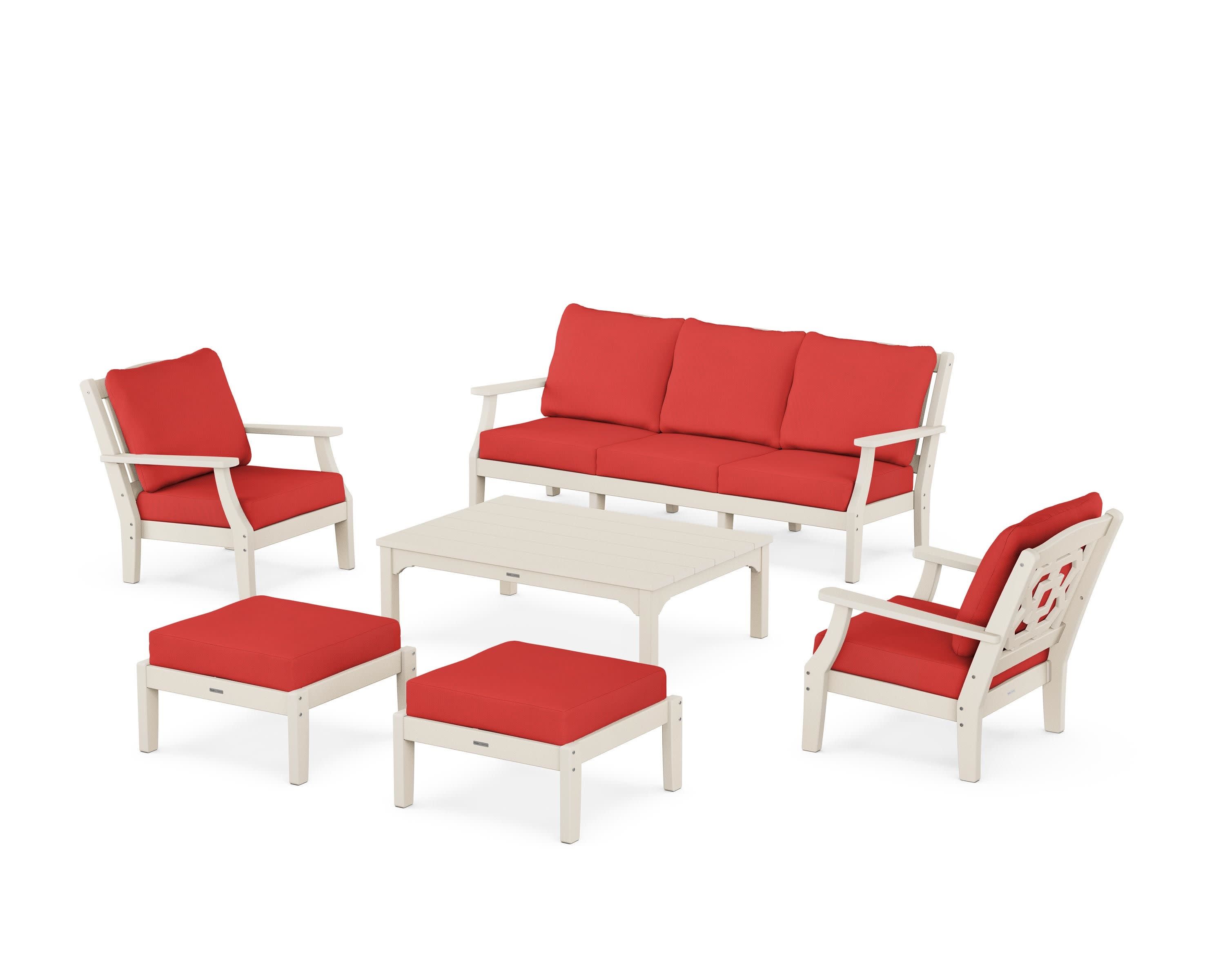 Chinoiserie 6-Piece Lounge Sofa Set in Sand / Crimson Linen