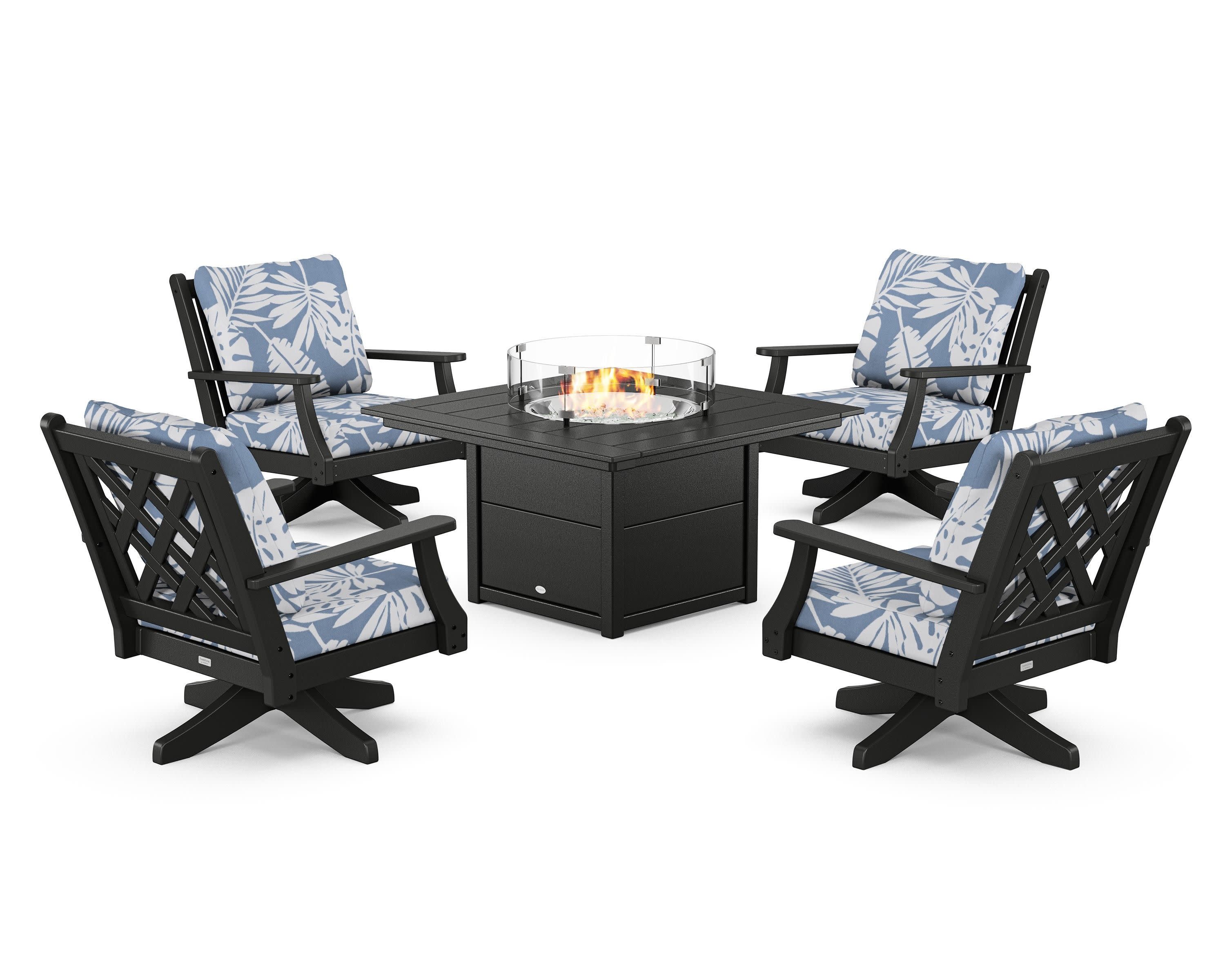Wovendale 5-Piece Deep Seating Swivel Conversation Set with Fire Pit Table in Black / Leaf Sky Blue