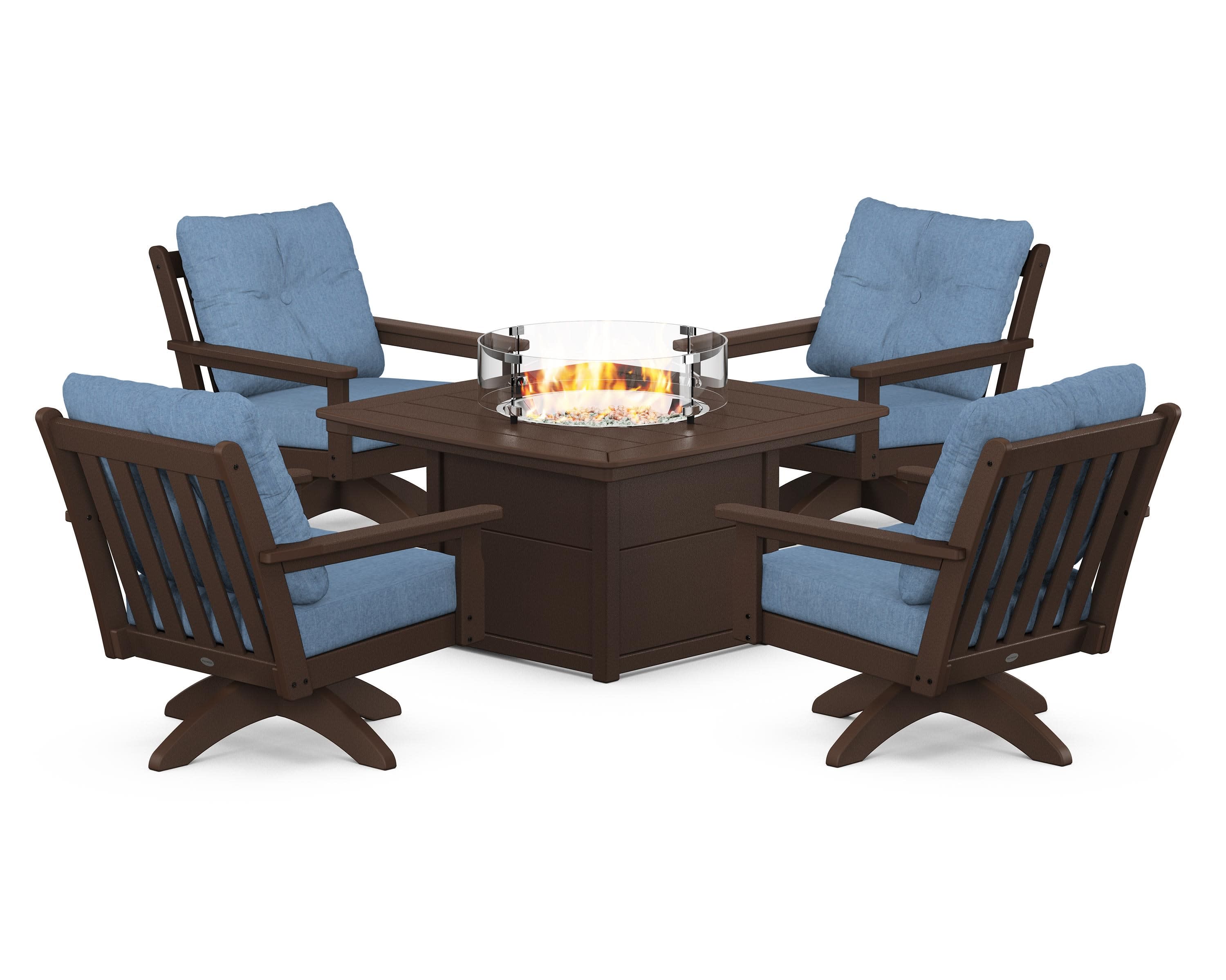 Vineyard 5-Piece Deep Seating Swivel Conversation Set with Fire Pit Table in Mahogany / Sky Blue