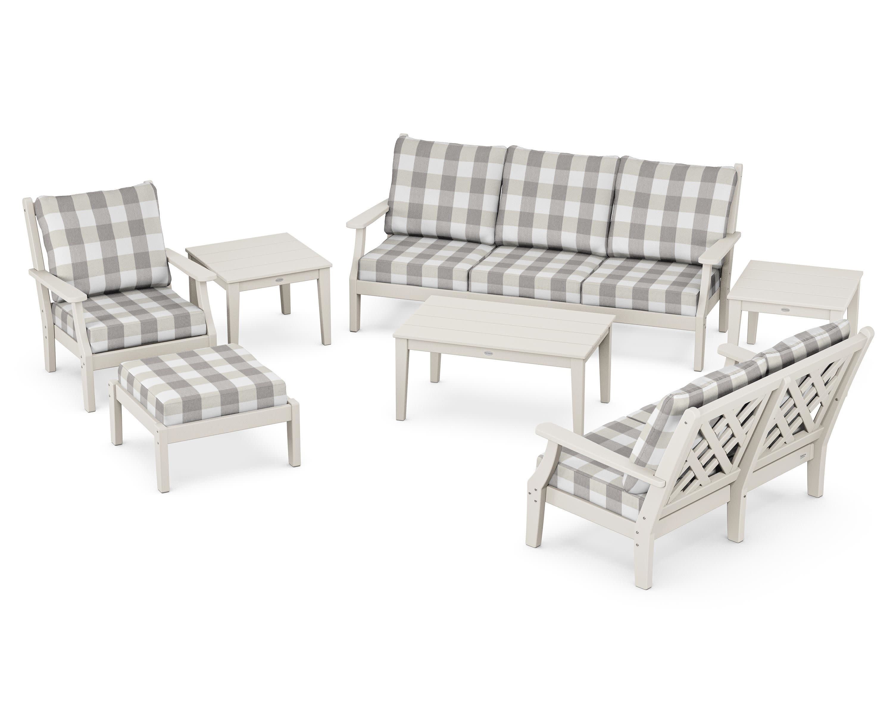 Wovendale 7-Piece Deep Seating Set in Sand / Buffalo Plaid Grey Mist