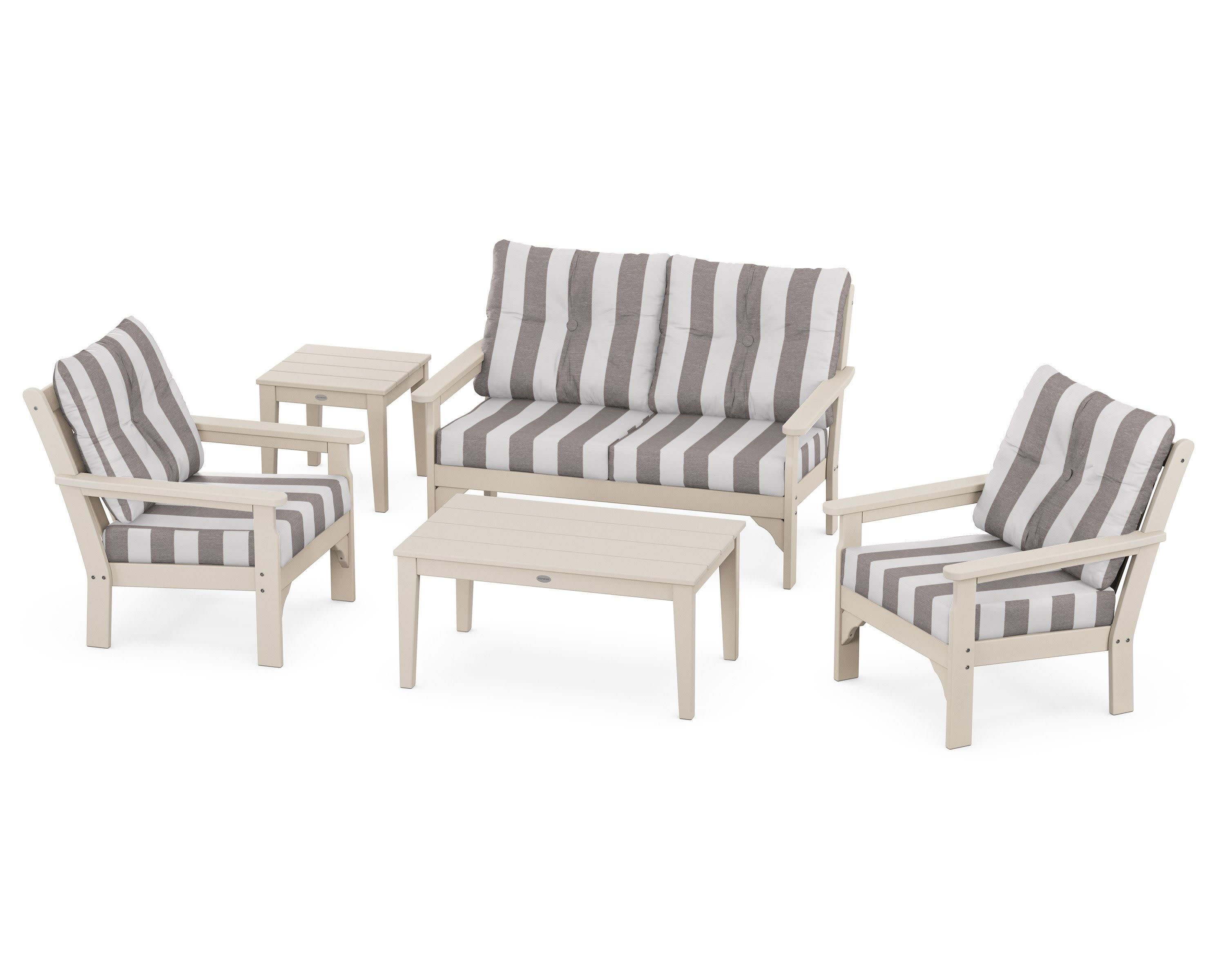 Vineyard 5-Piece Deep Seating Set in Sand / Cabana Stripe Grey Mist