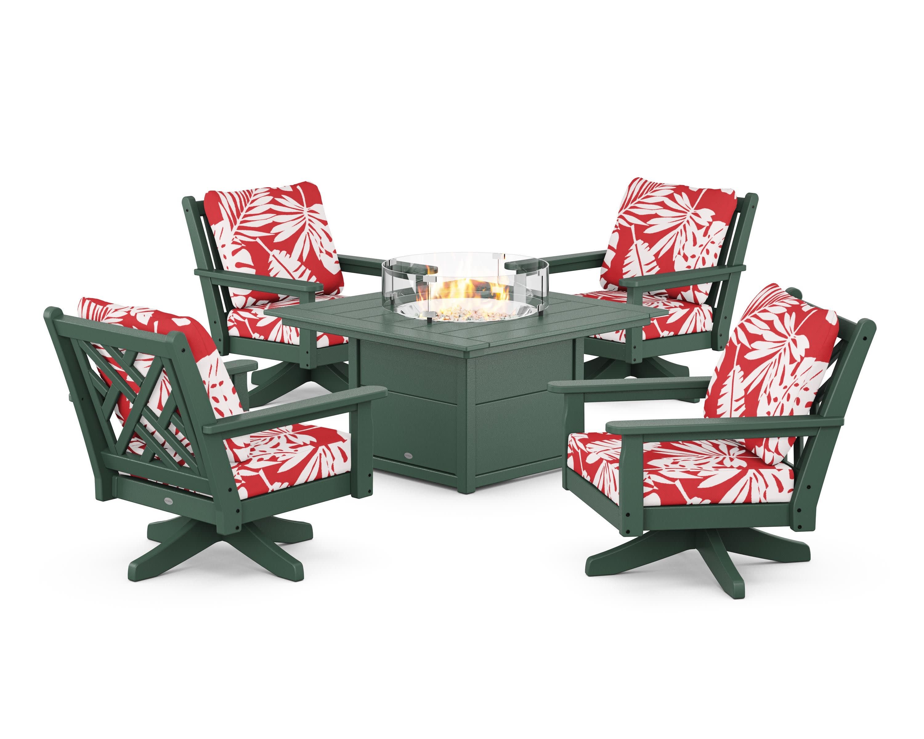 Chippendale 5-Piece Deep Seating Swivel Conversation Set with Fire Pit Table in Green / Leaf Crimson