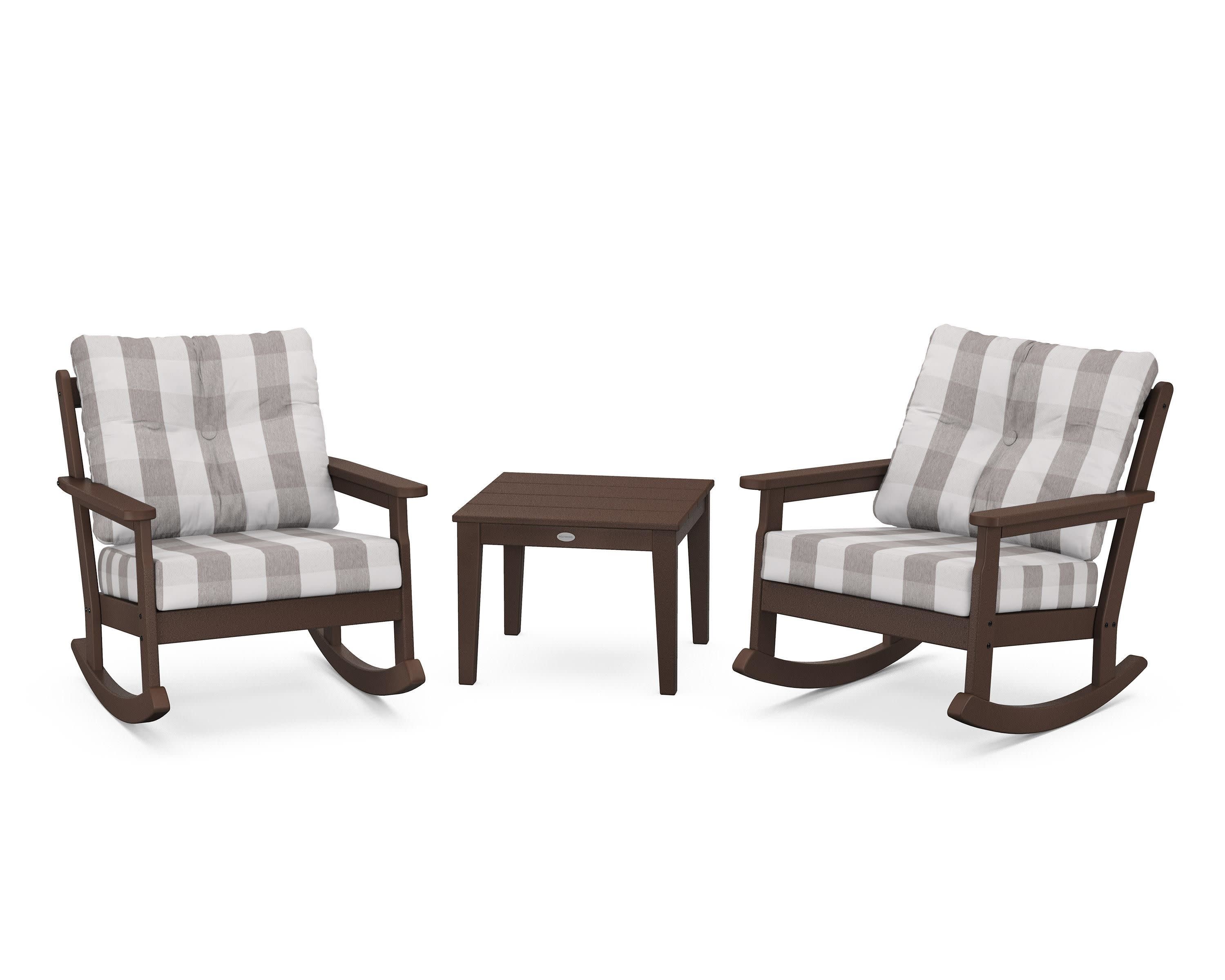 Vineyard 3-Piece Deep Seating Rocker Set in Mahogany / Buffalo Plaid Grey Mist