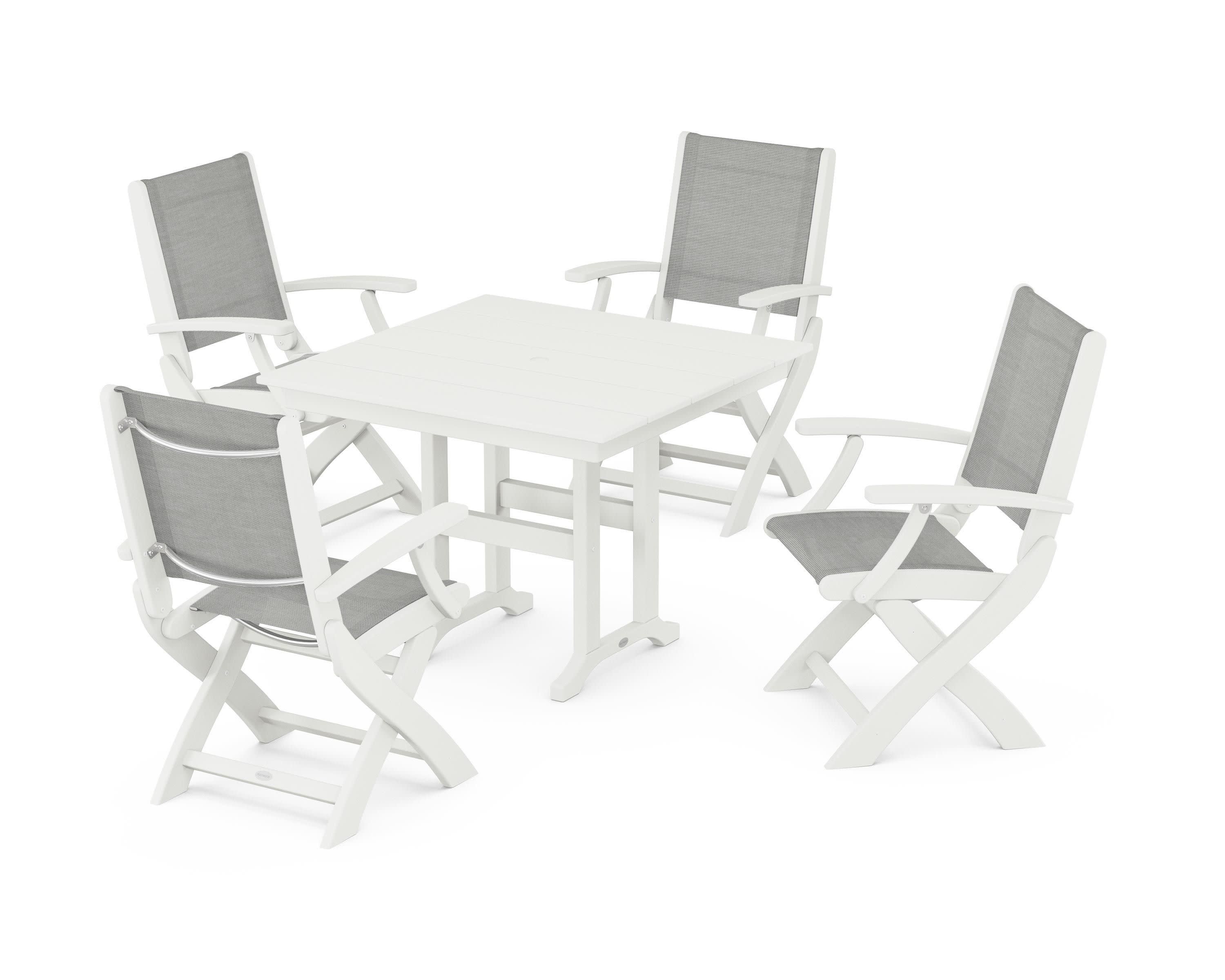 Coastal Folding Chair 5-Piece Farmhouse Dining Set in Vintage White / Metallic Sling