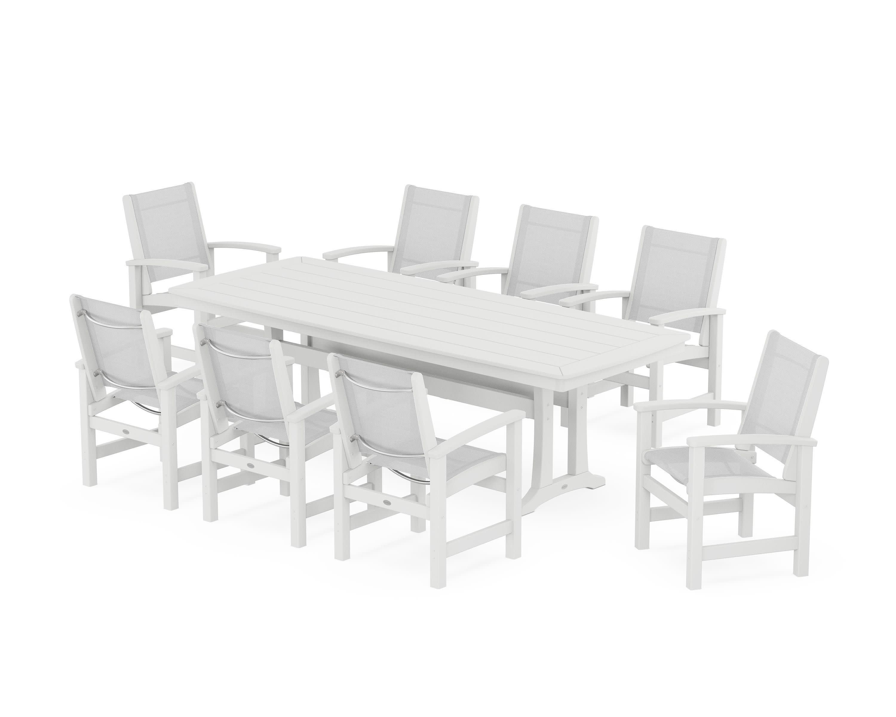 Coastal 9-Piece Dining Set with Trestle Legs in White / White Sling