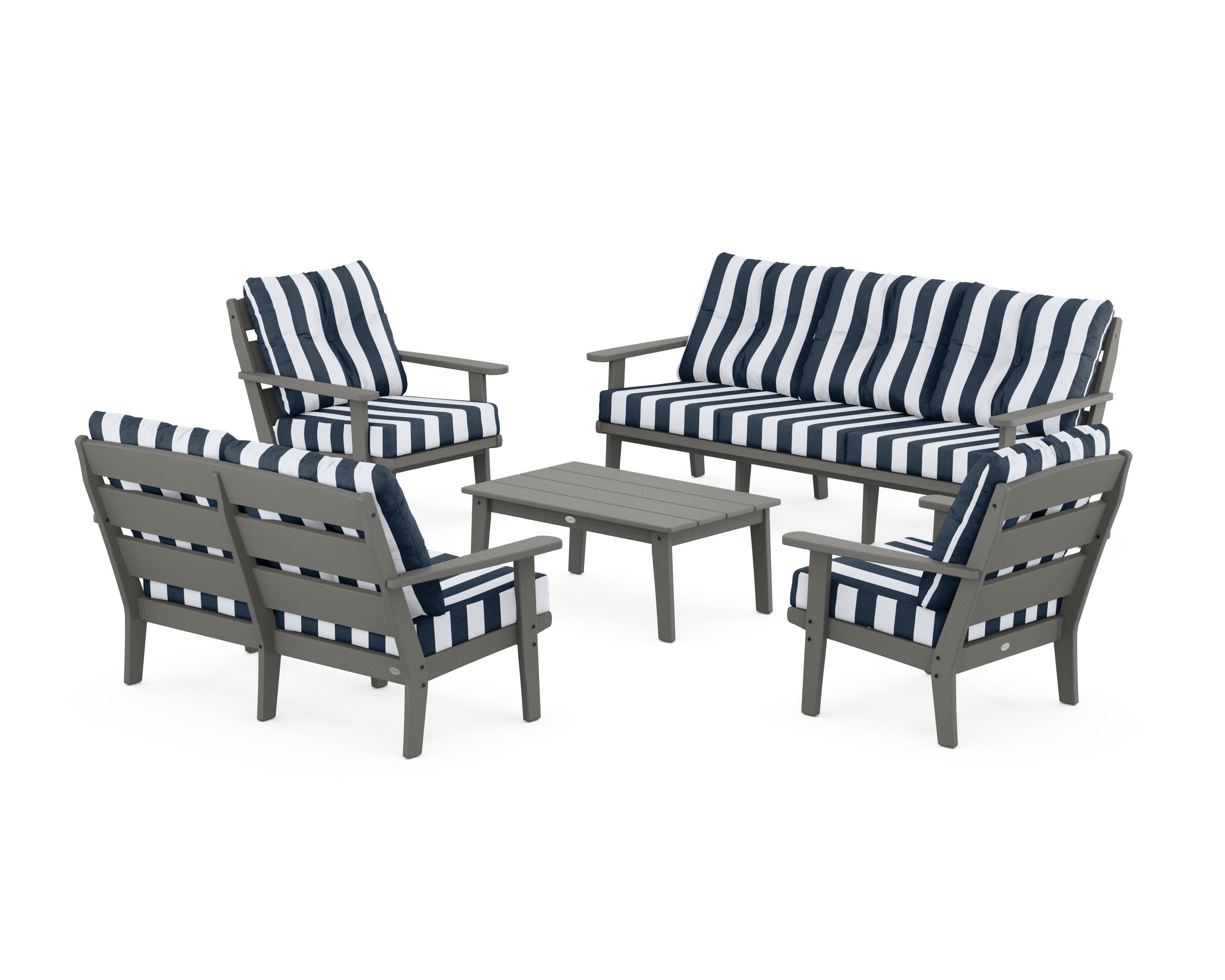 Lakeside 5-Piece Lounge Sofa Set in Slate Grey / Cabana Stripe Marine Indigo