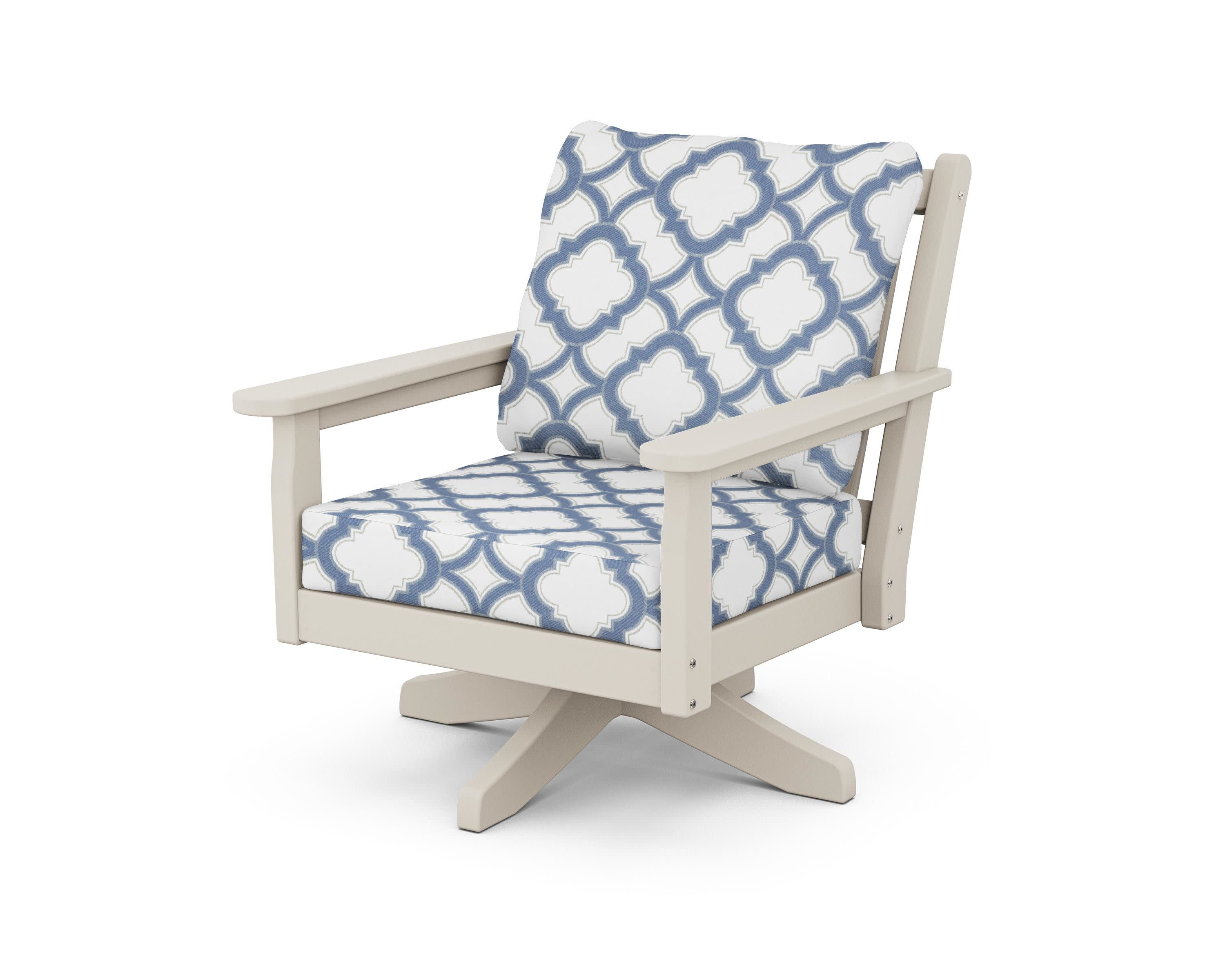 Chippendale Deep Seating Swivel Chair in Sand / Trellis Sky Blue