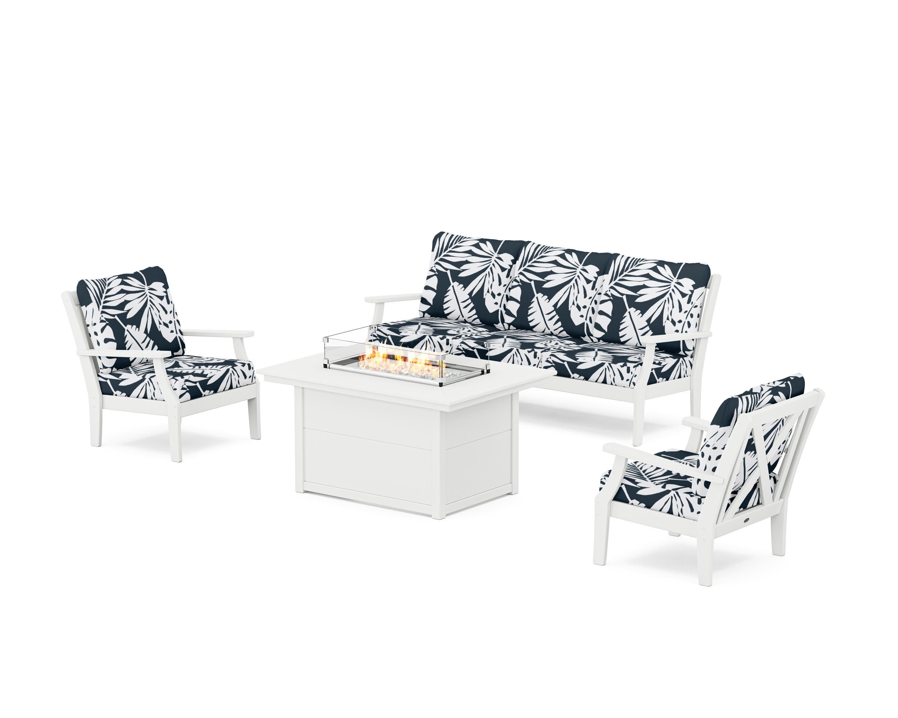 Braxton Deep Seating Fire Pit Table Set in White / Leaf Marine Indigo
