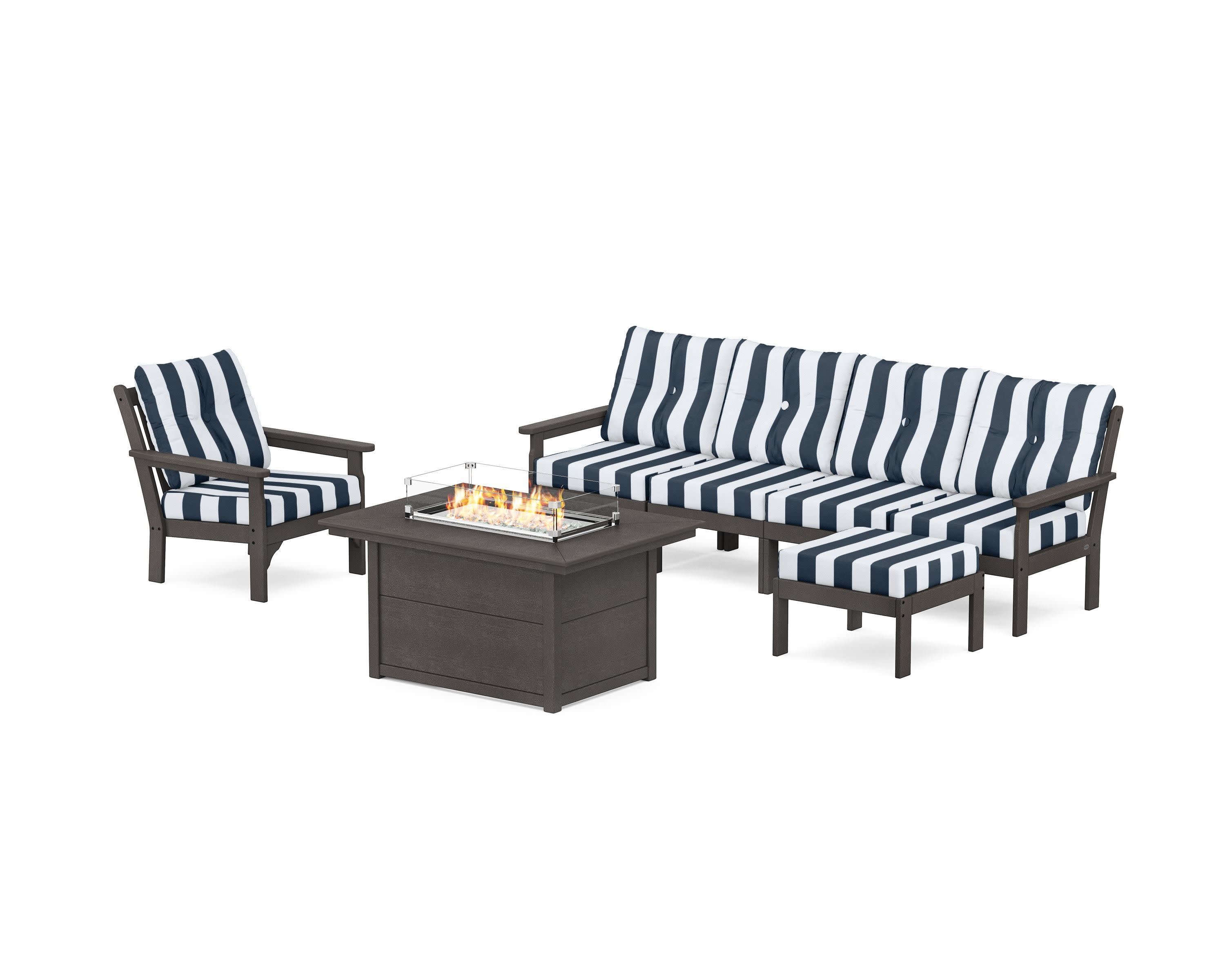 Vineyard Sectional Lounge and Fire Pit Set in Vintage Coffee / Cabana Stripe Marine Indigo