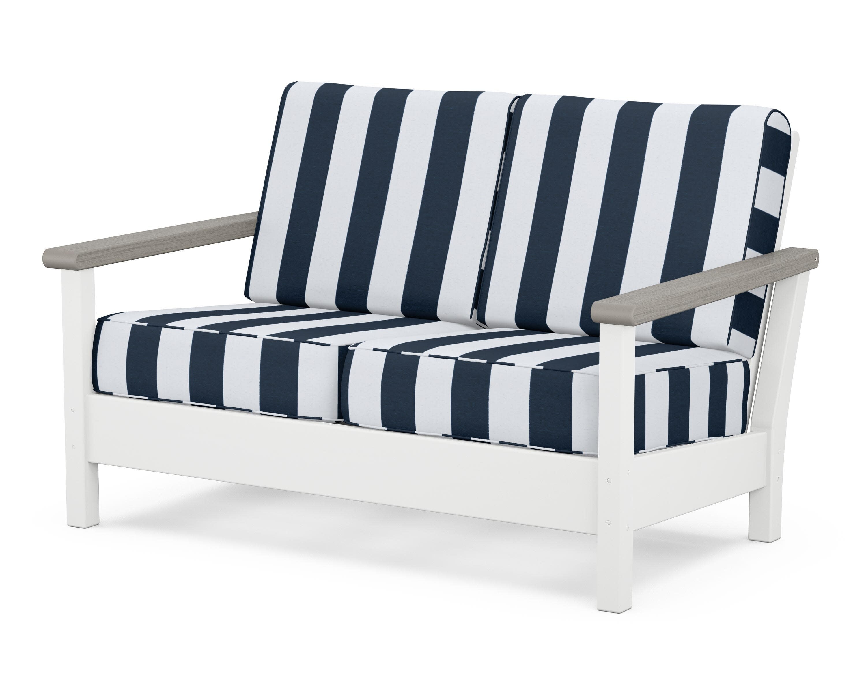 Harbour Deep Seating Loveseat in White / Driftwood / Cabana Stripe Marine Indigo