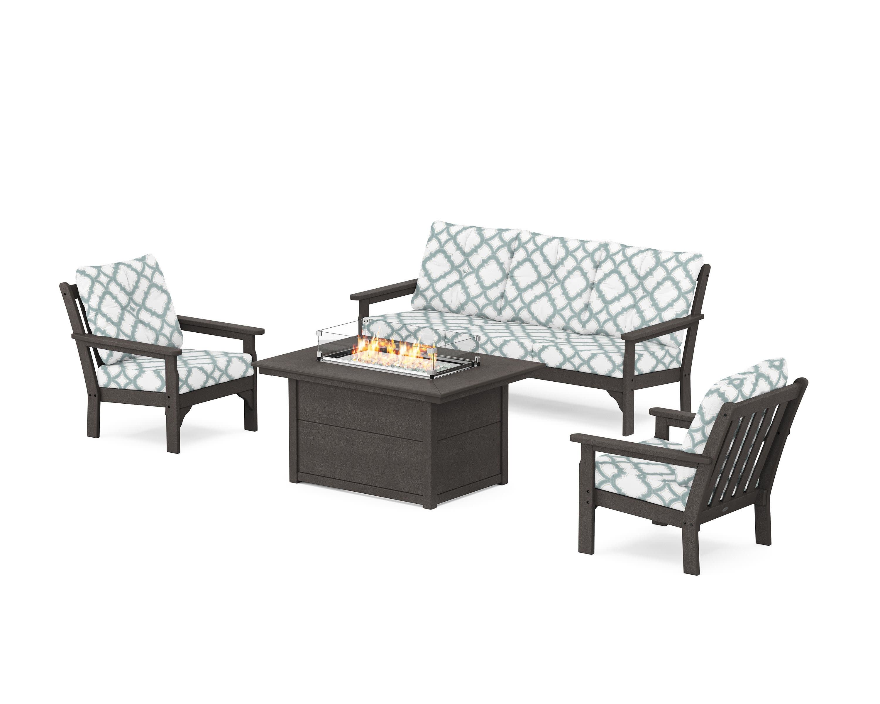 Vineyard Deep Seating Fire Pit Table Set in Vintage Coffee / Trellis Glacier Spa