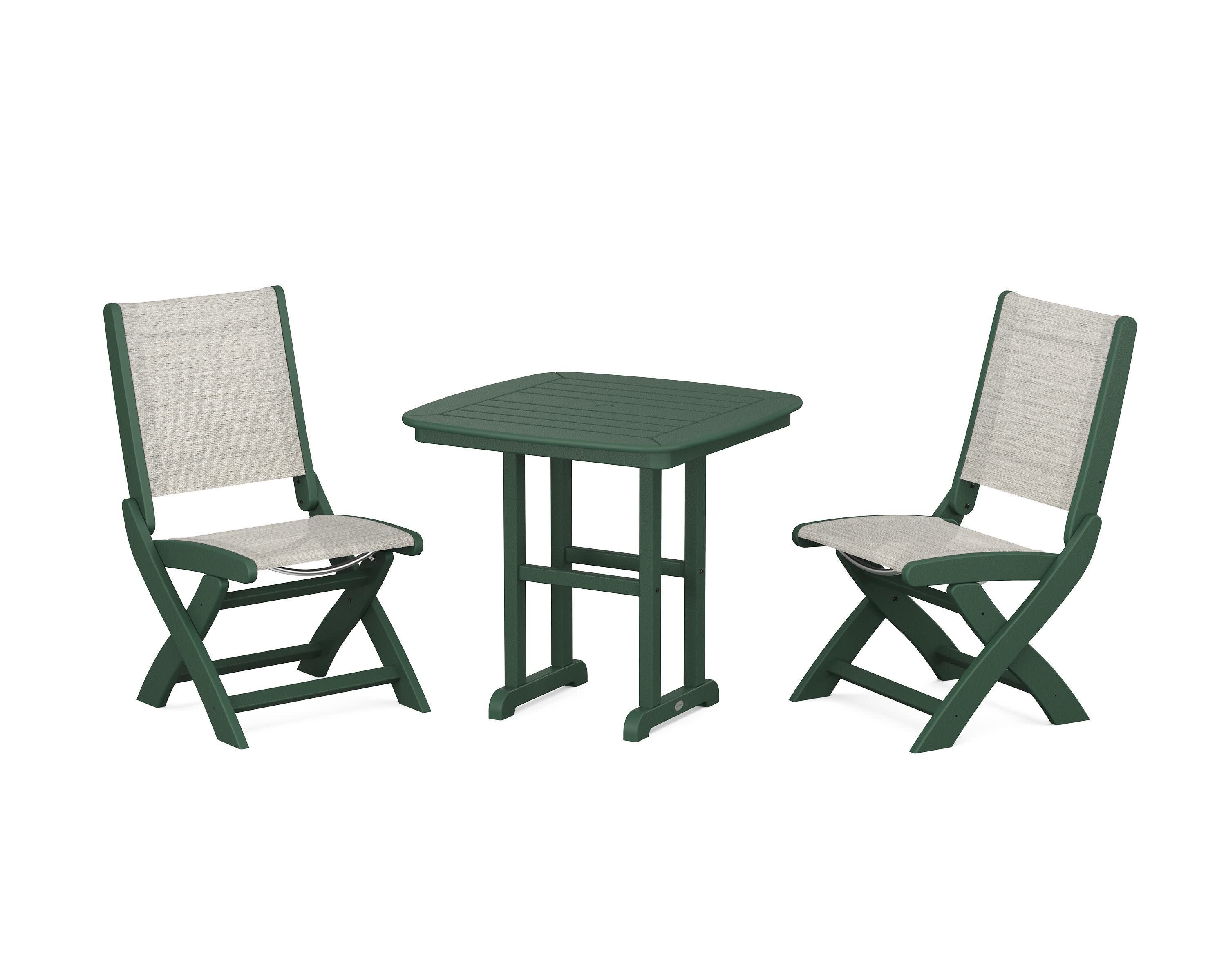 Coastal Folding Side Chair 3-Piece Dining Set in Green / Birch Sling
