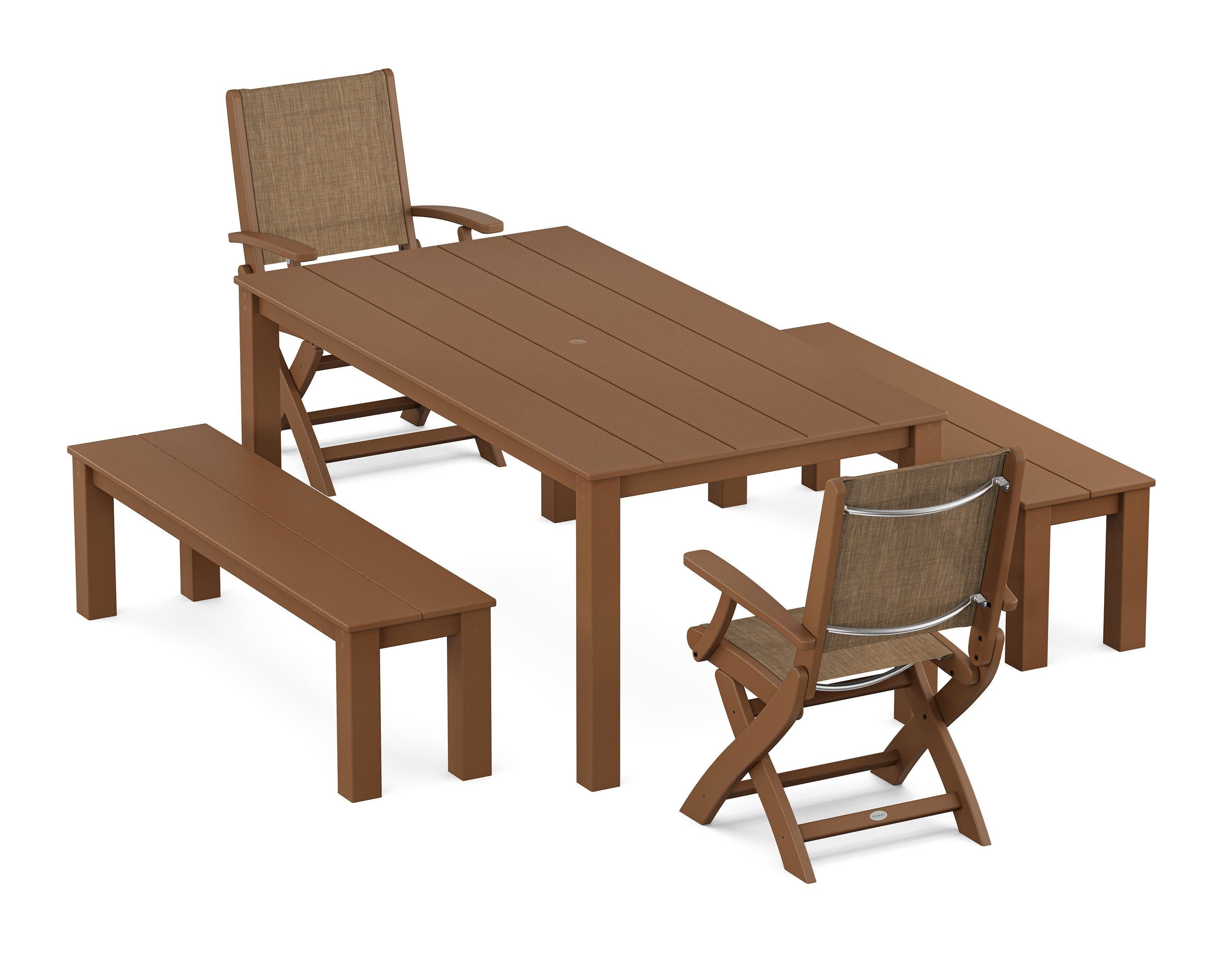 Coastal Folding Chair 5-Piece Parsons Dining Set with Benches in Teak / Burlap Sling