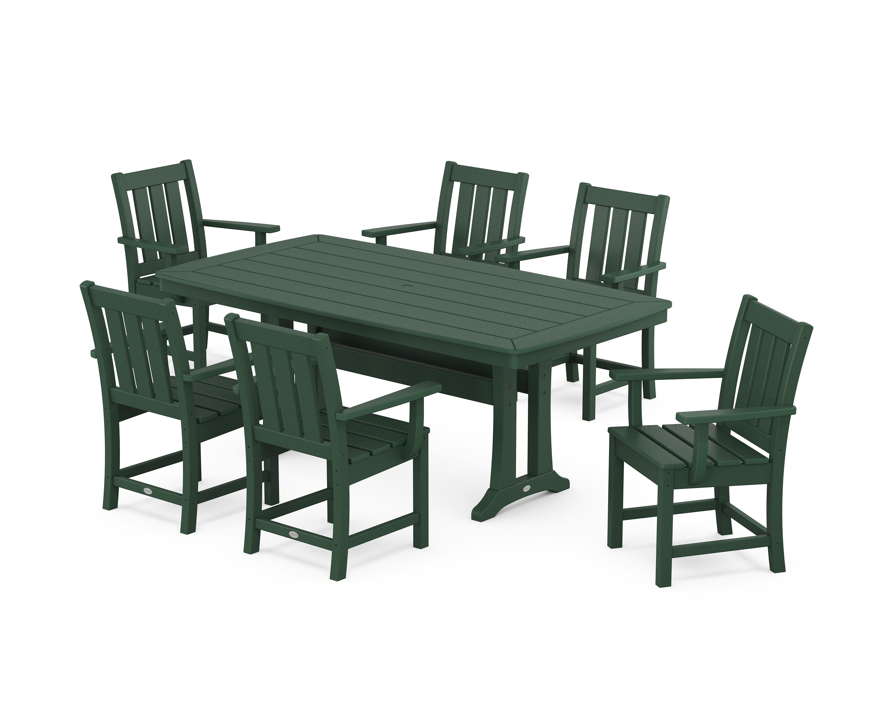 Oxford Arm Chair 7-Piece Dining Set with Trestle Legs in Green