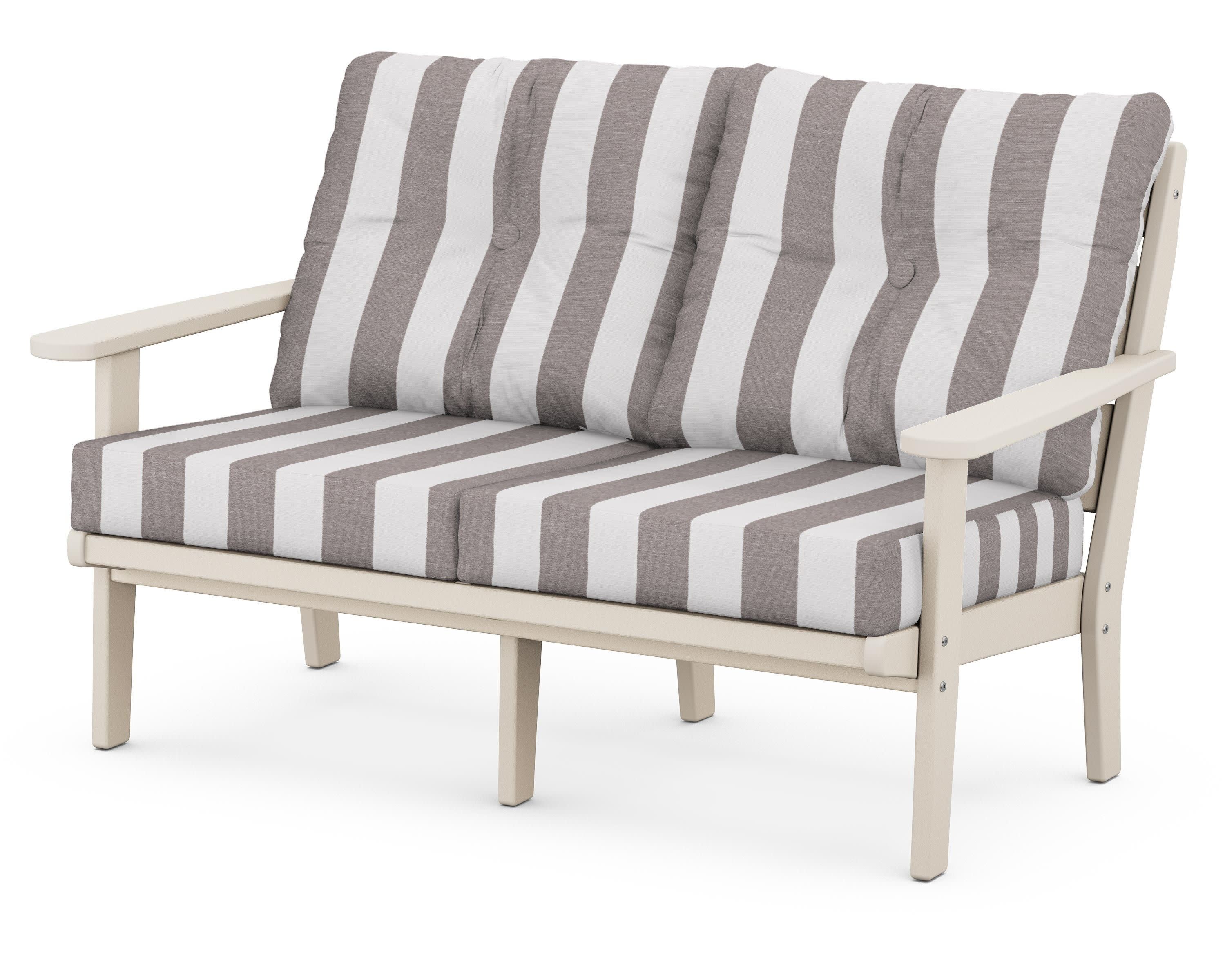 Lakeside Deep Seating Loveseat in Sand / Cabana Stripe Grey Mist