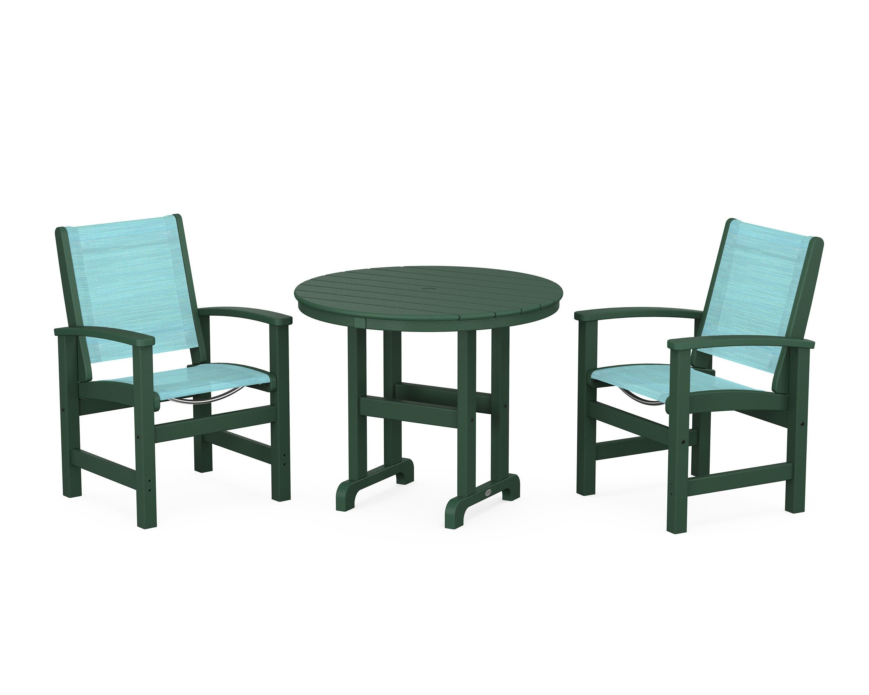 Coastal 3-Piece Round Dining Set in Green / Dupioni Aquamarine Sling