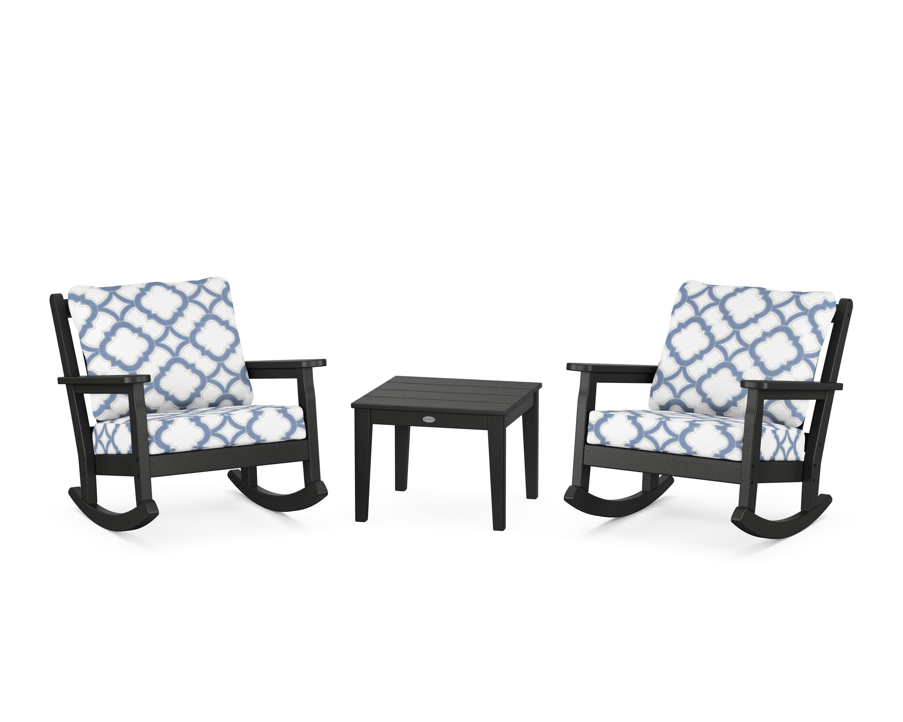 Chippendale 3-Piece Deep Seating Rocker Set in Black / Trellis Sky Blue