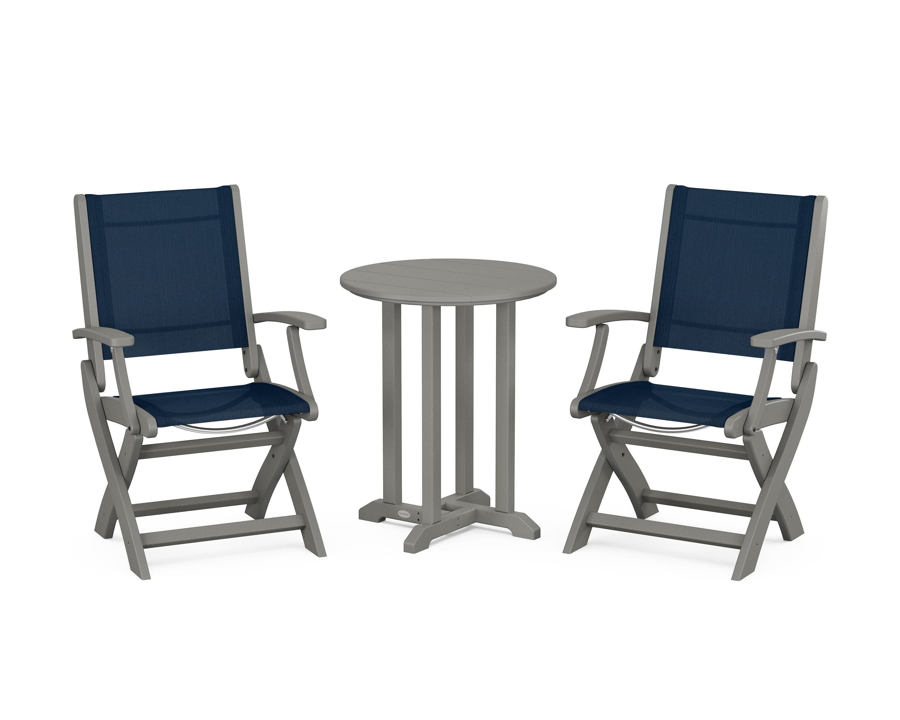 Coastal Folding 3-Piece Round Bistro Dining Set in Slate Grey / Navy Blue Sling