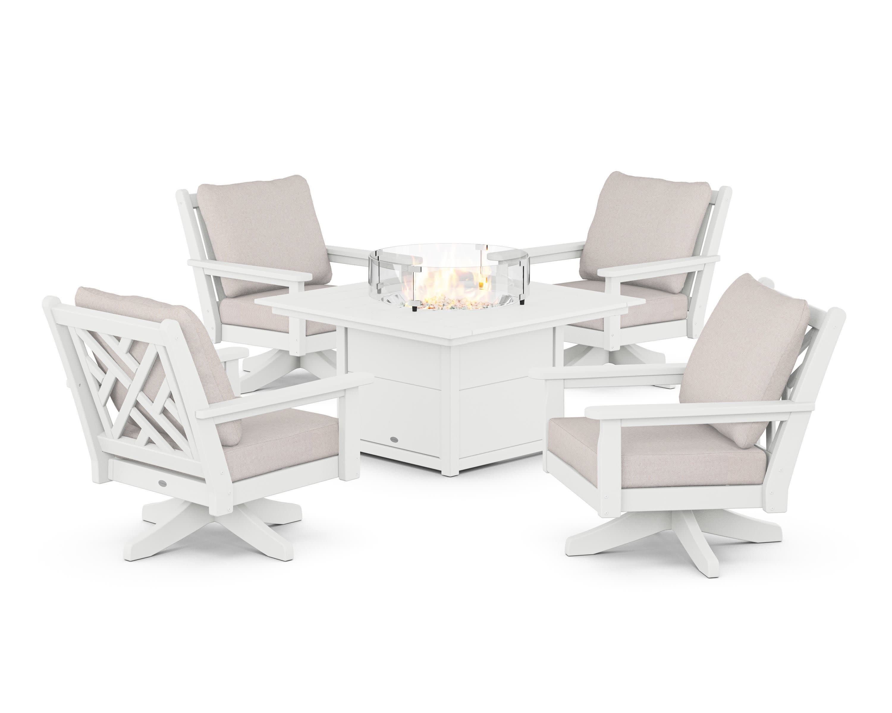Chippendale 5-Piece Deep Seating Swivel Conversation Set with Fire Pit Table in White / Dune Burlap