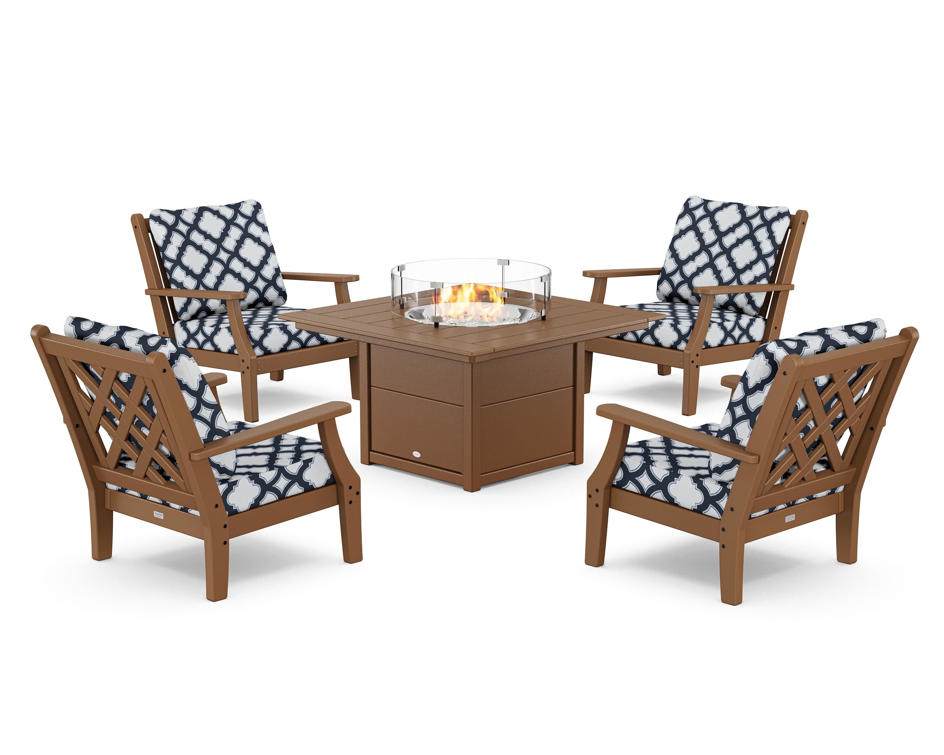 Wovendale 5-Piece Deep Seating Set with Fire Pit Table in Teak / Trellis Marine Indigo