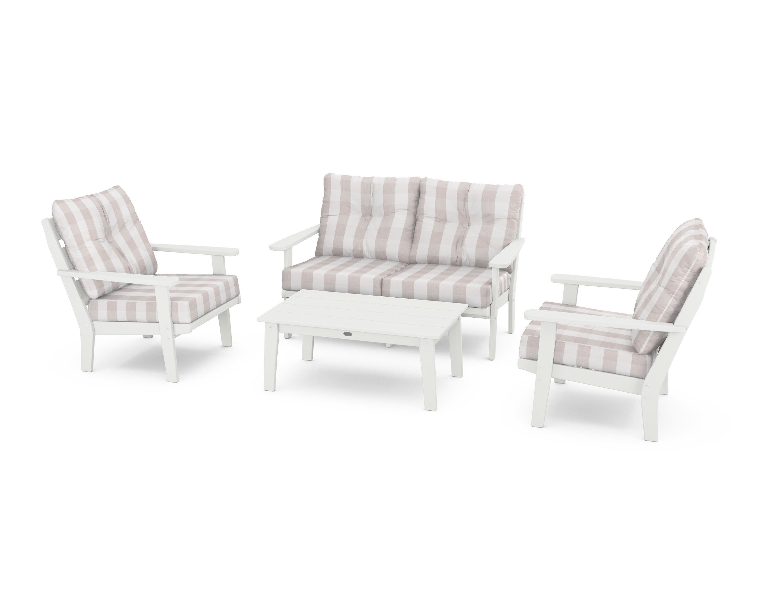 Lakeside 4-Piece Deep Seating Set in Vintage White / Buffalo Plaid Dune Burlap