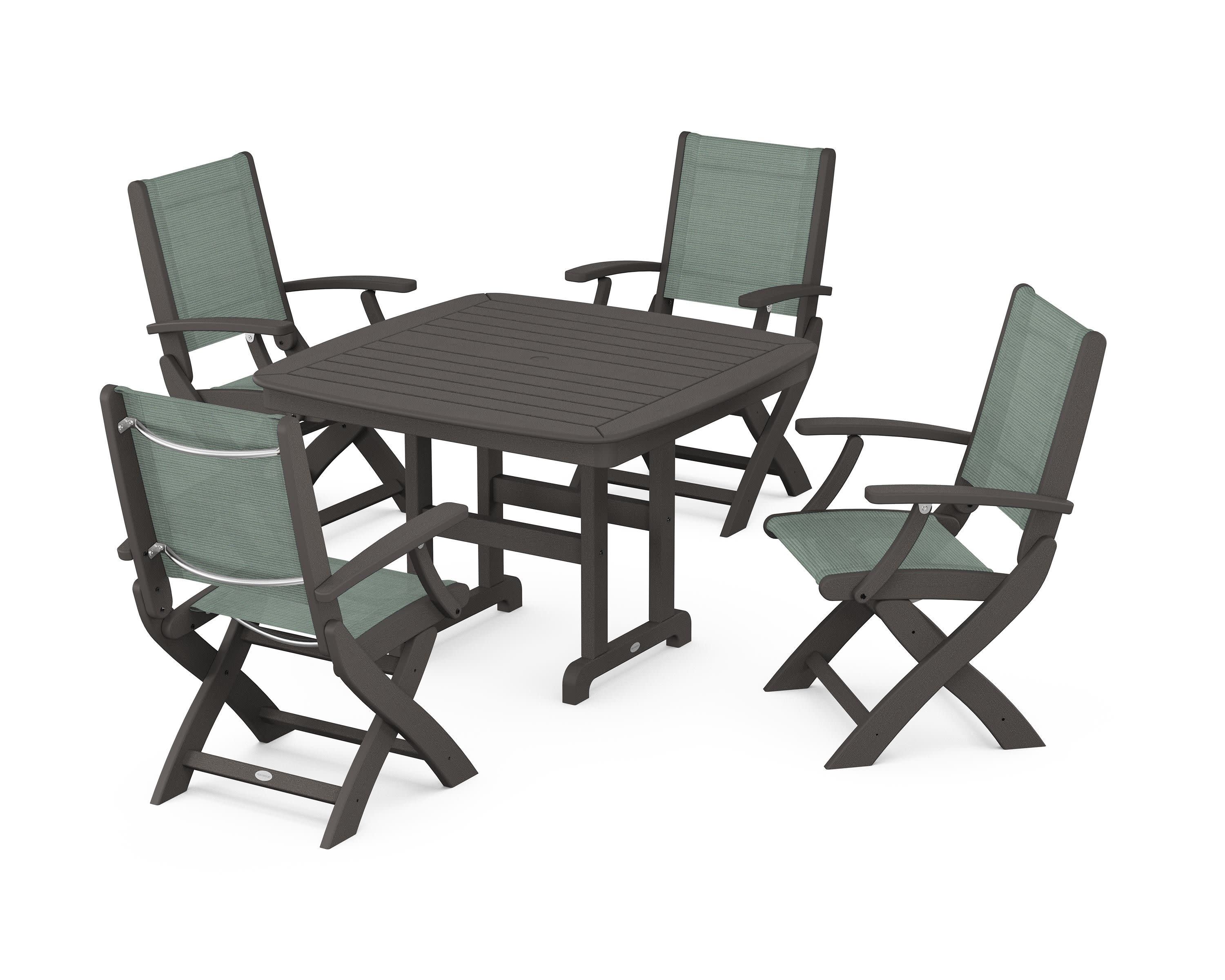 Coastal Folding Chair 5-Piece Dining Set in Vintage Coffee / Dupioni Sea Mist Sling