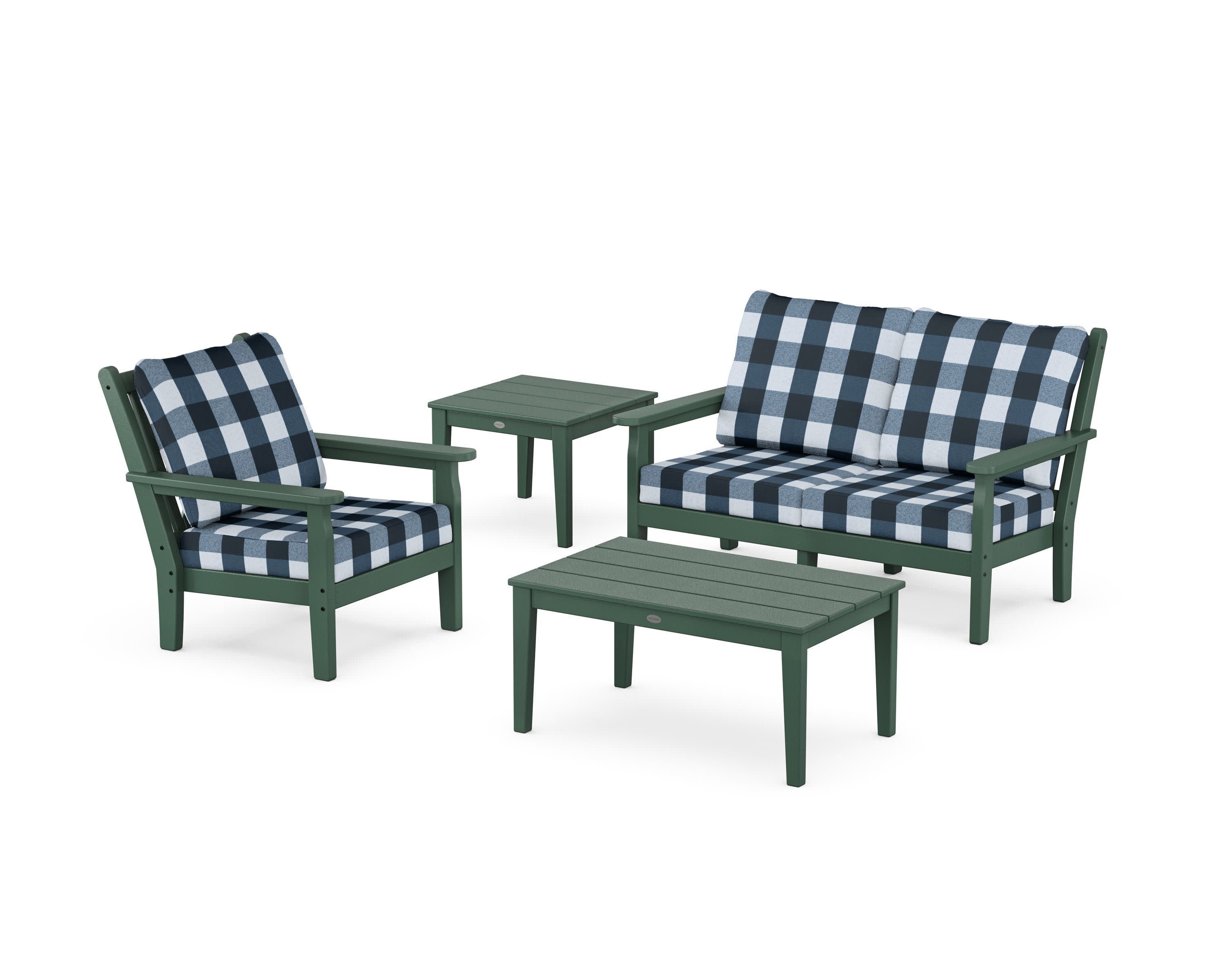 Chippendale 4-Piece Deep Seating Set in Green / Buffalo Plaid Marine Indigo