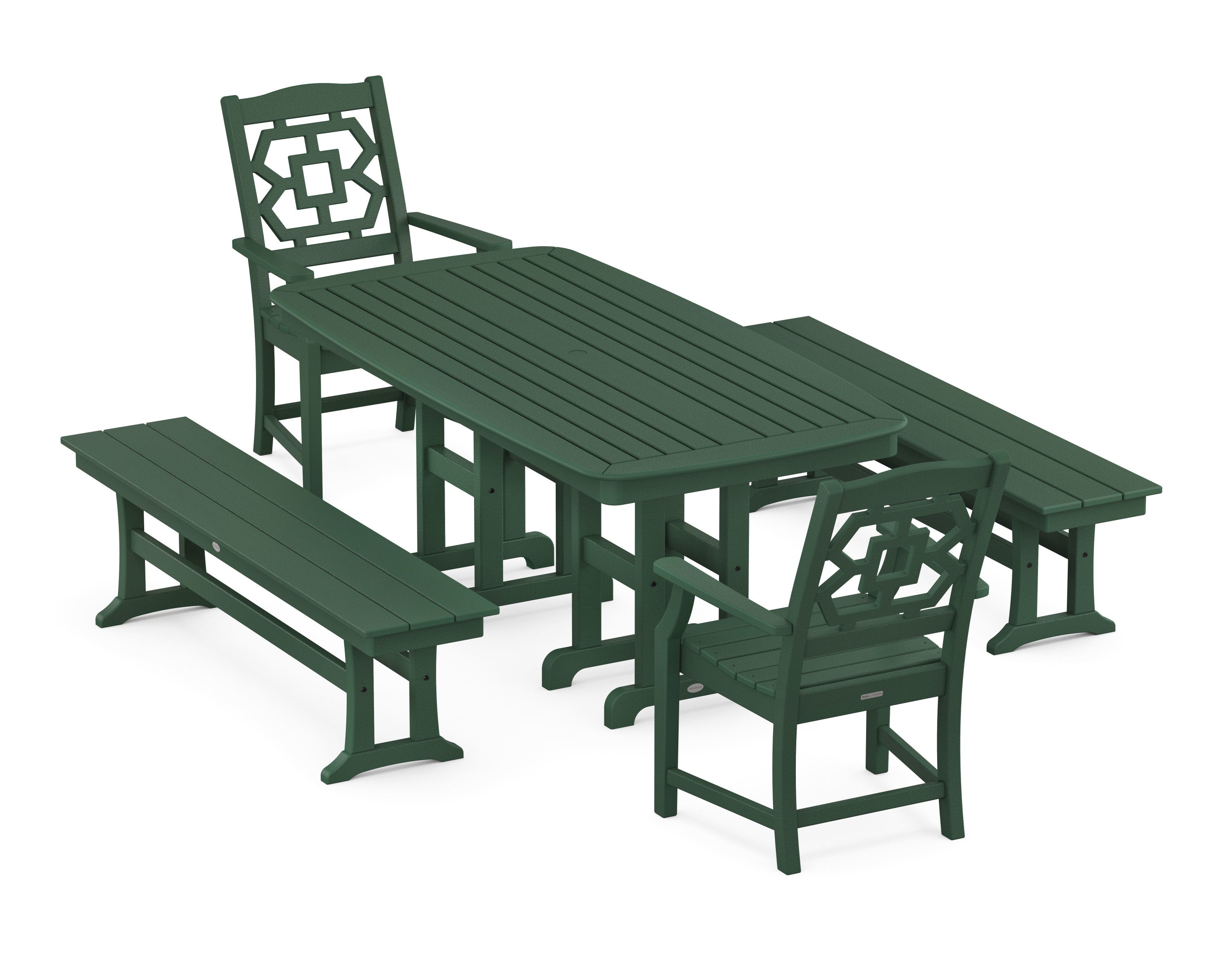 Chinoiserie 5-Piece Dining Set with Benches in Green