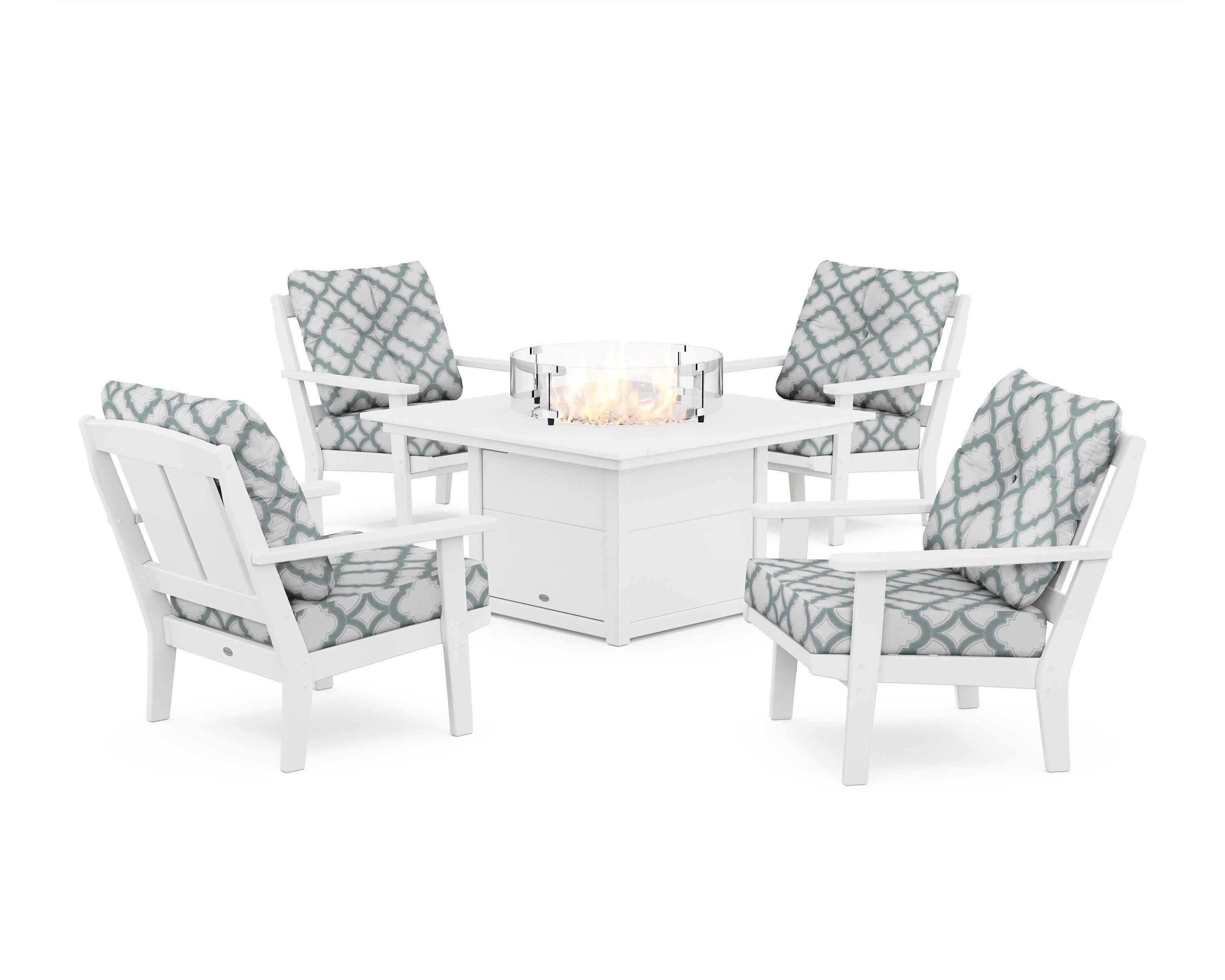 Mission 5-Piece Deep Seating Set with Fire Pit Table in White / Trellis Glacier Spa
