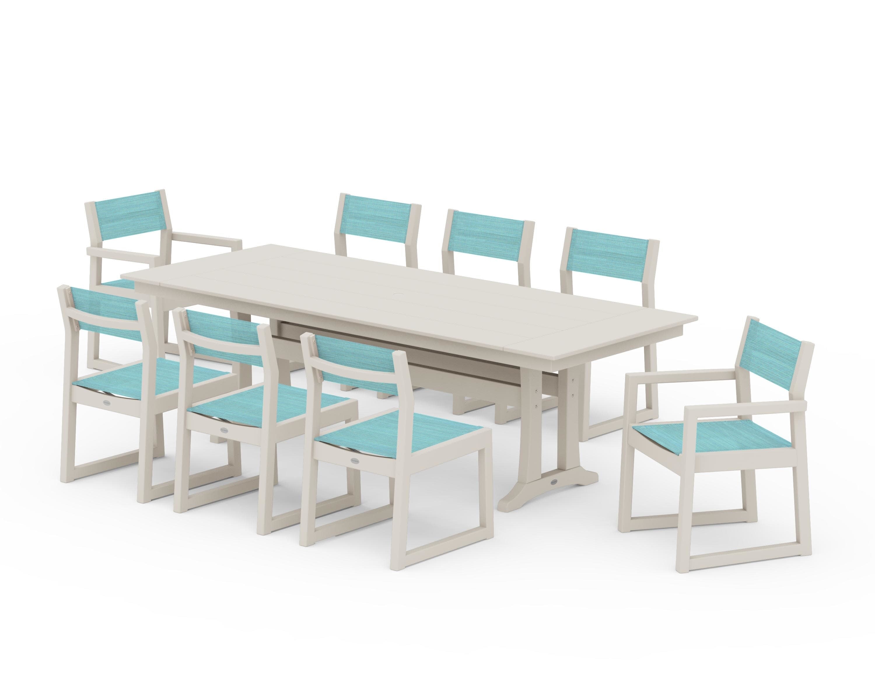 EDGE Sling 9-Piece Farmhouse Trestle Dining Set in Sand / Dupioni Aquamarine Sling