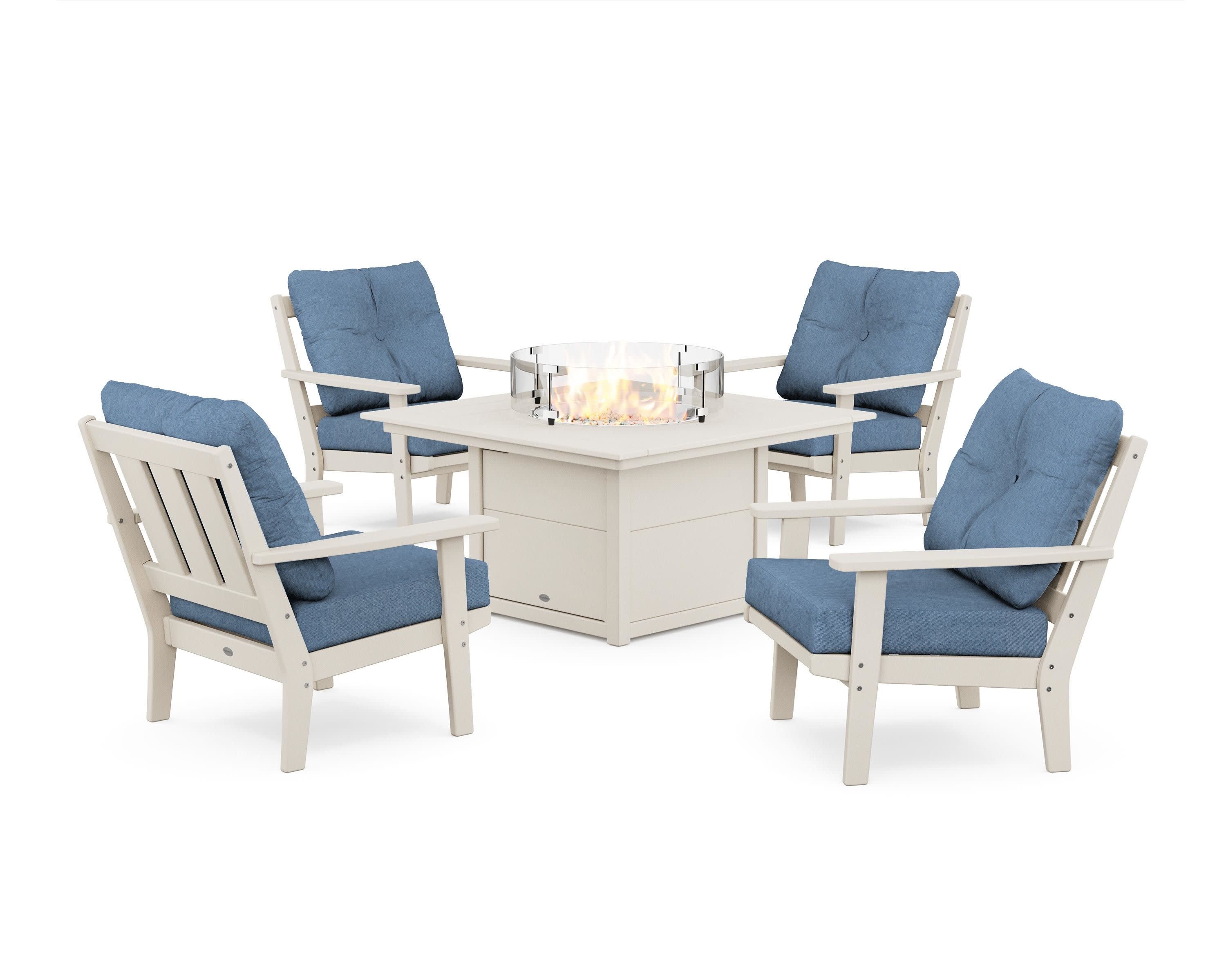 Oxford 5-Piece Deep Seating Set with Fire Pit Table in Sand / Sky Blue